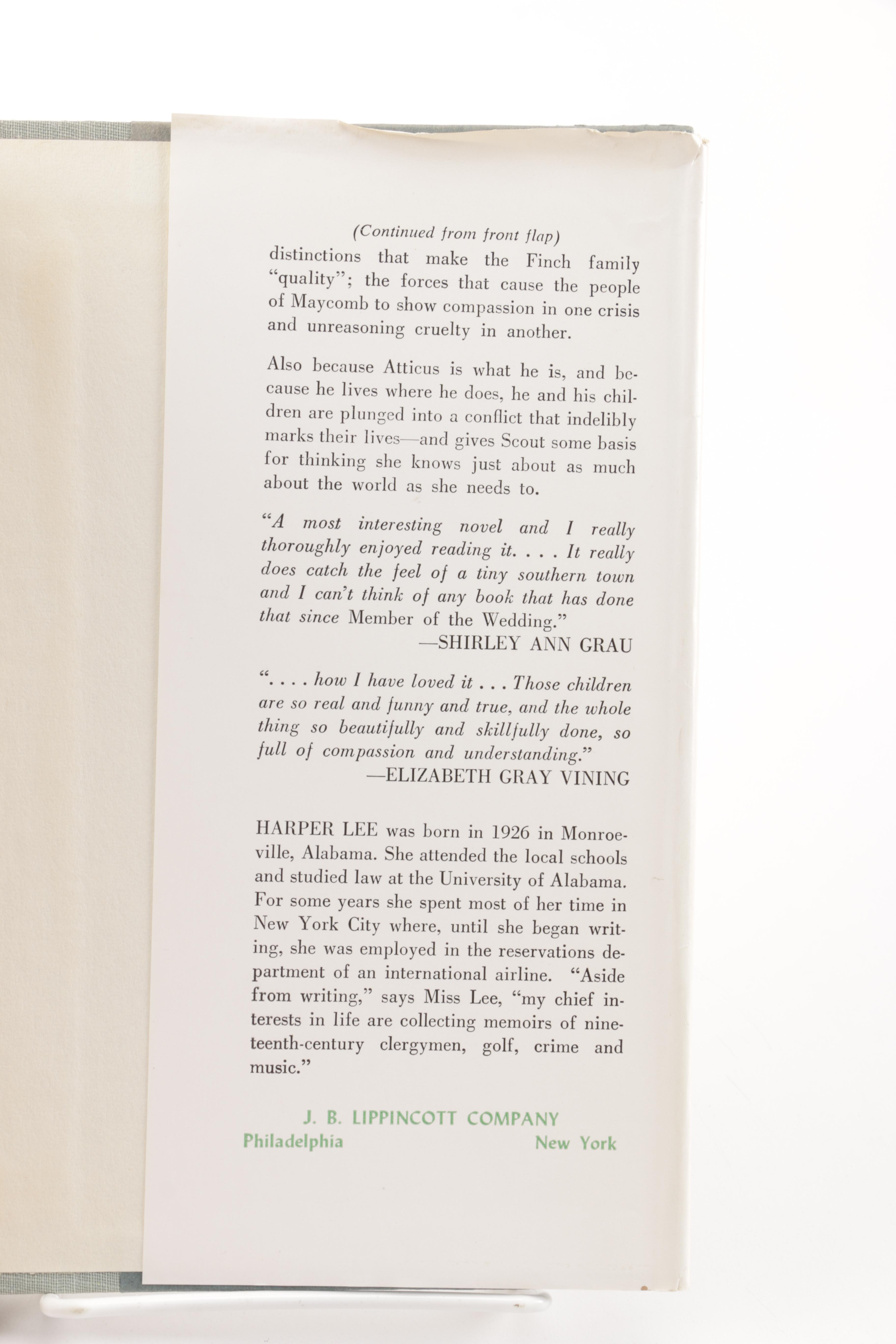 1960 Early Printing "To Kill a Mocking Bird" by Harper Lee