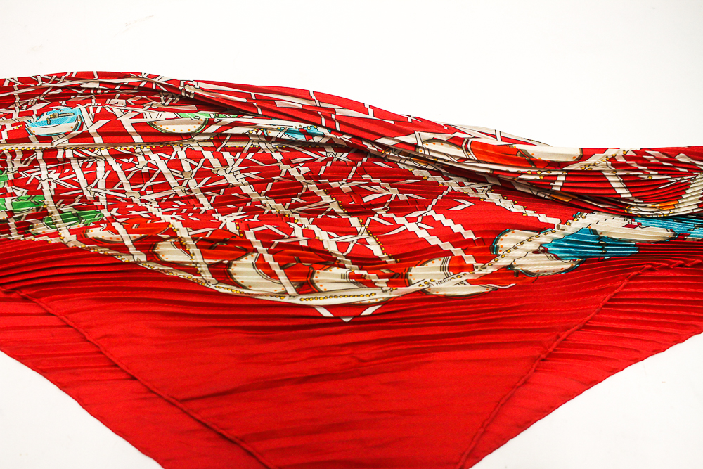 Hermès "Grande Roue" Big Wheel Pleated Silk Scarf
