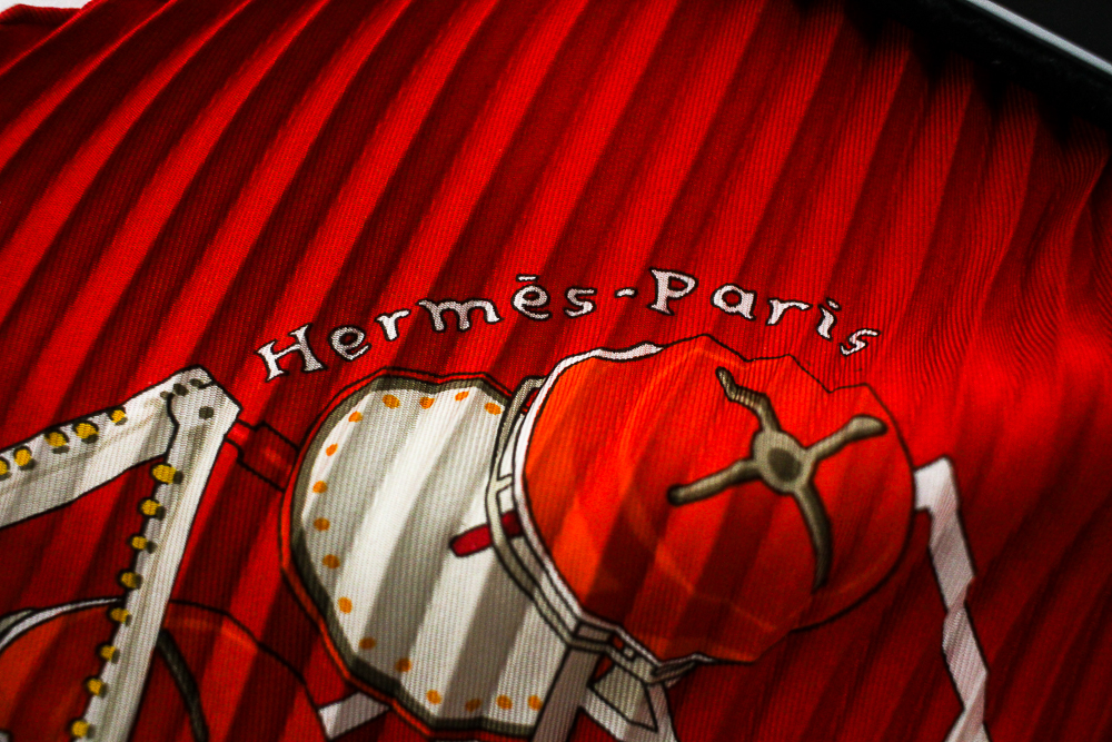Hermès "Grande Roue" Big Wheel Pleated Silk Scarf