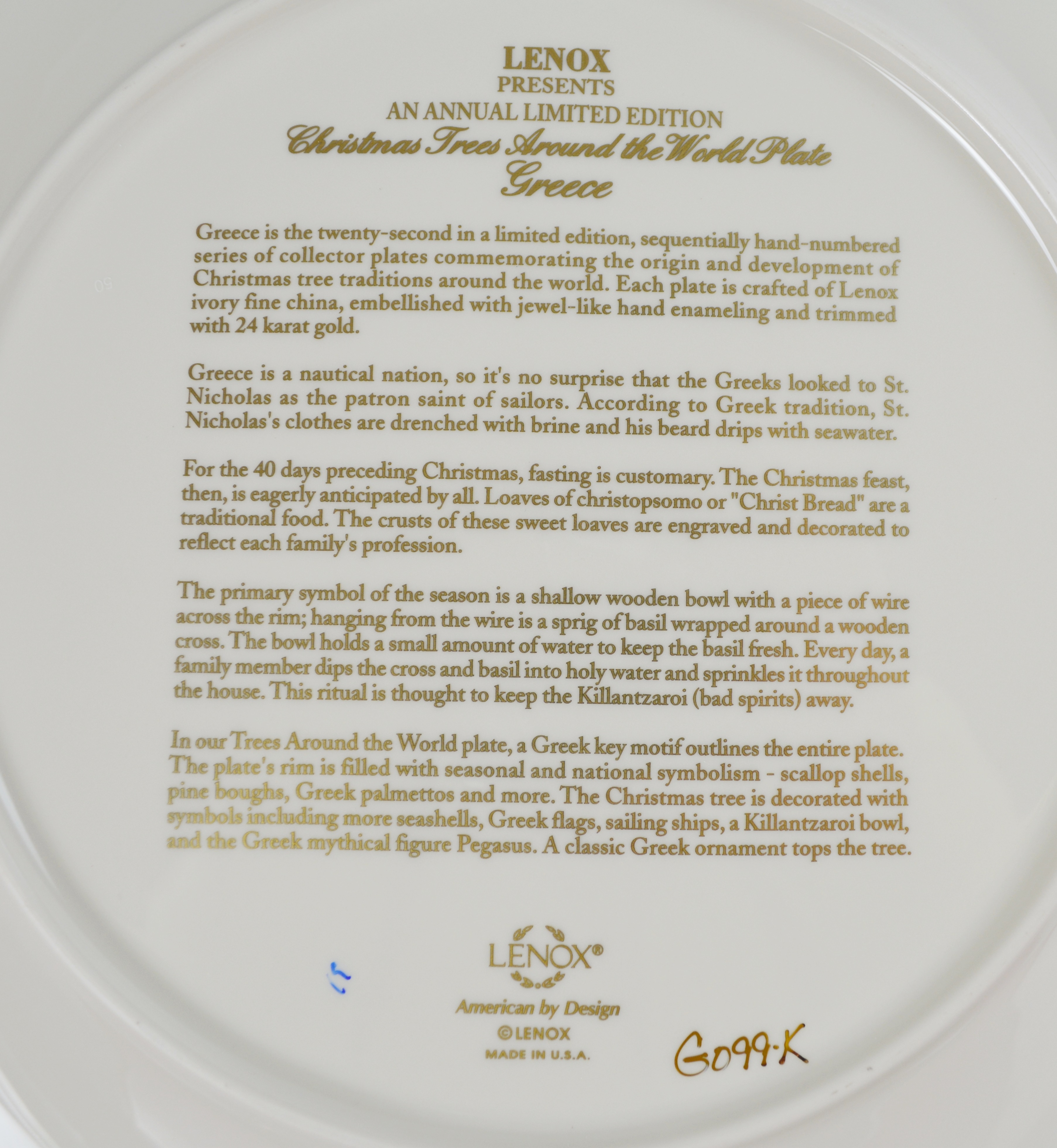 Lenox 2012 Greece Christmas Trees Around The World Collector Plate