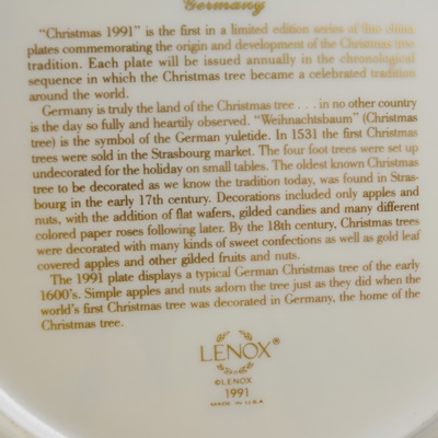 Lenox 1991 Germany Christmas Trees Around The World Collector Plate