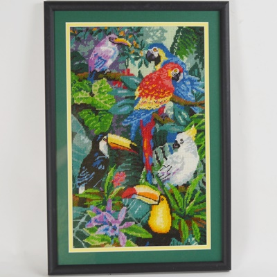 Framed Needlepoint of Tropical Birds