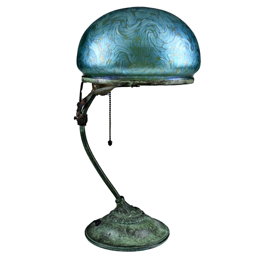 Art Nouveau Bronze Table Lamp with Favrile Glass Shade