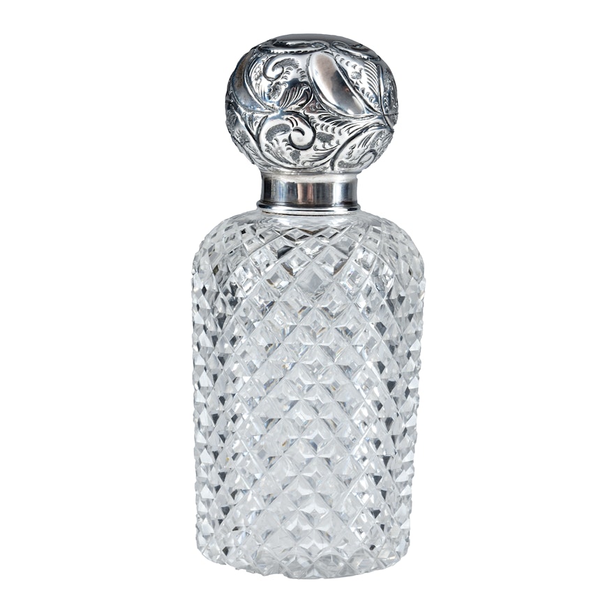 Circa 1900 Quilted Crystal Vanity Bottle with Sterling Silver Cap