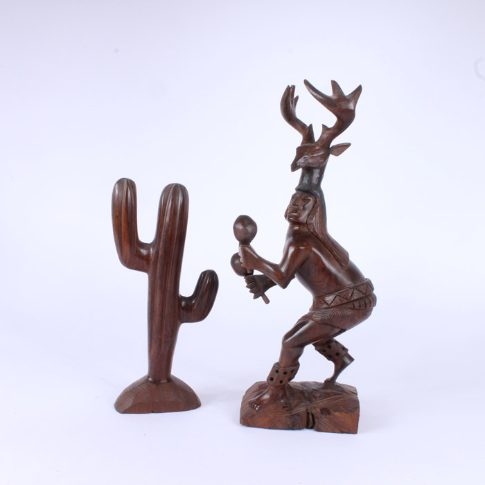 Mexican Yaqui Deer Dancer Figure With Carved Cactus