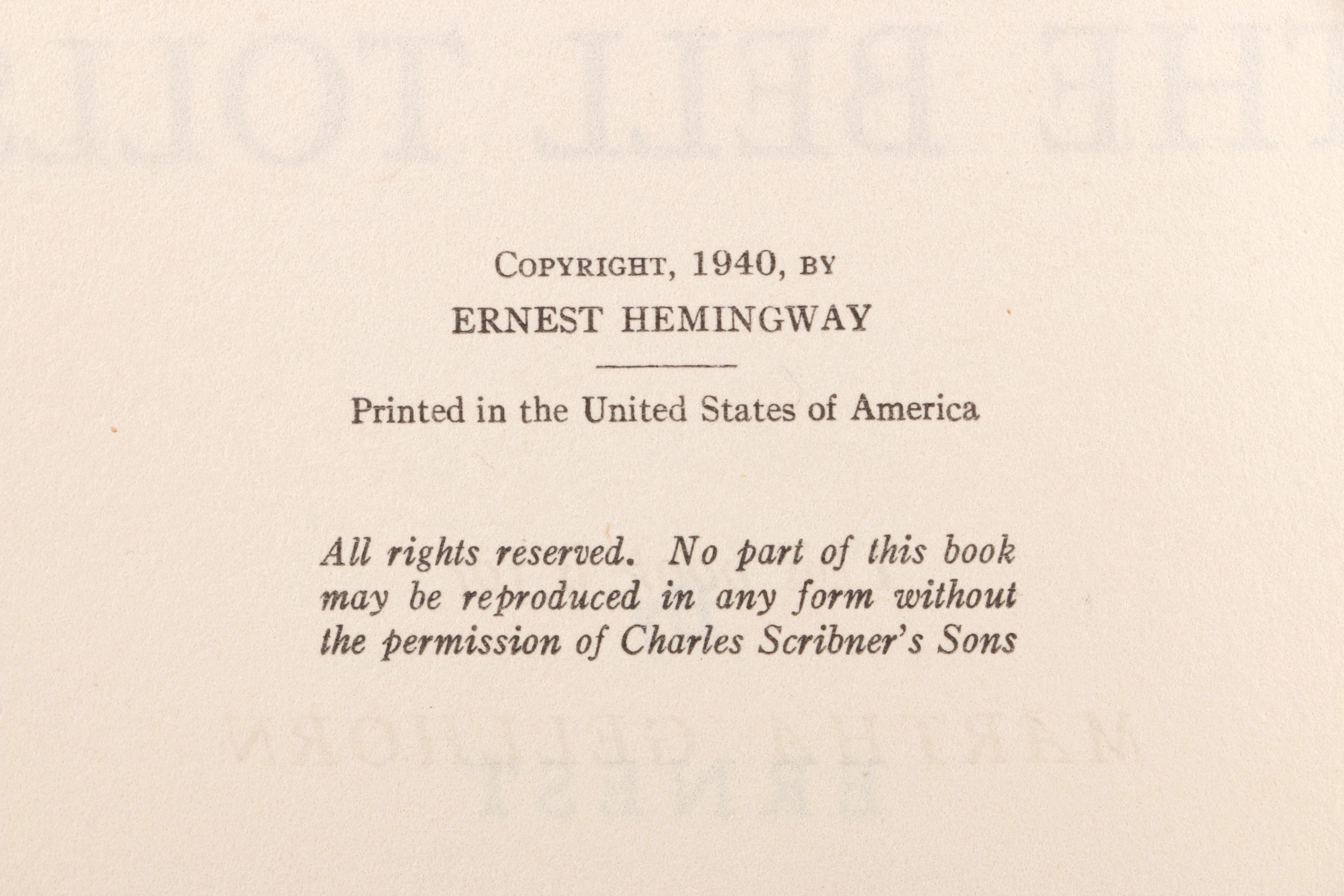 1940 Later Printing "For Whom the Bell Tolls" by Ernest Hemingway