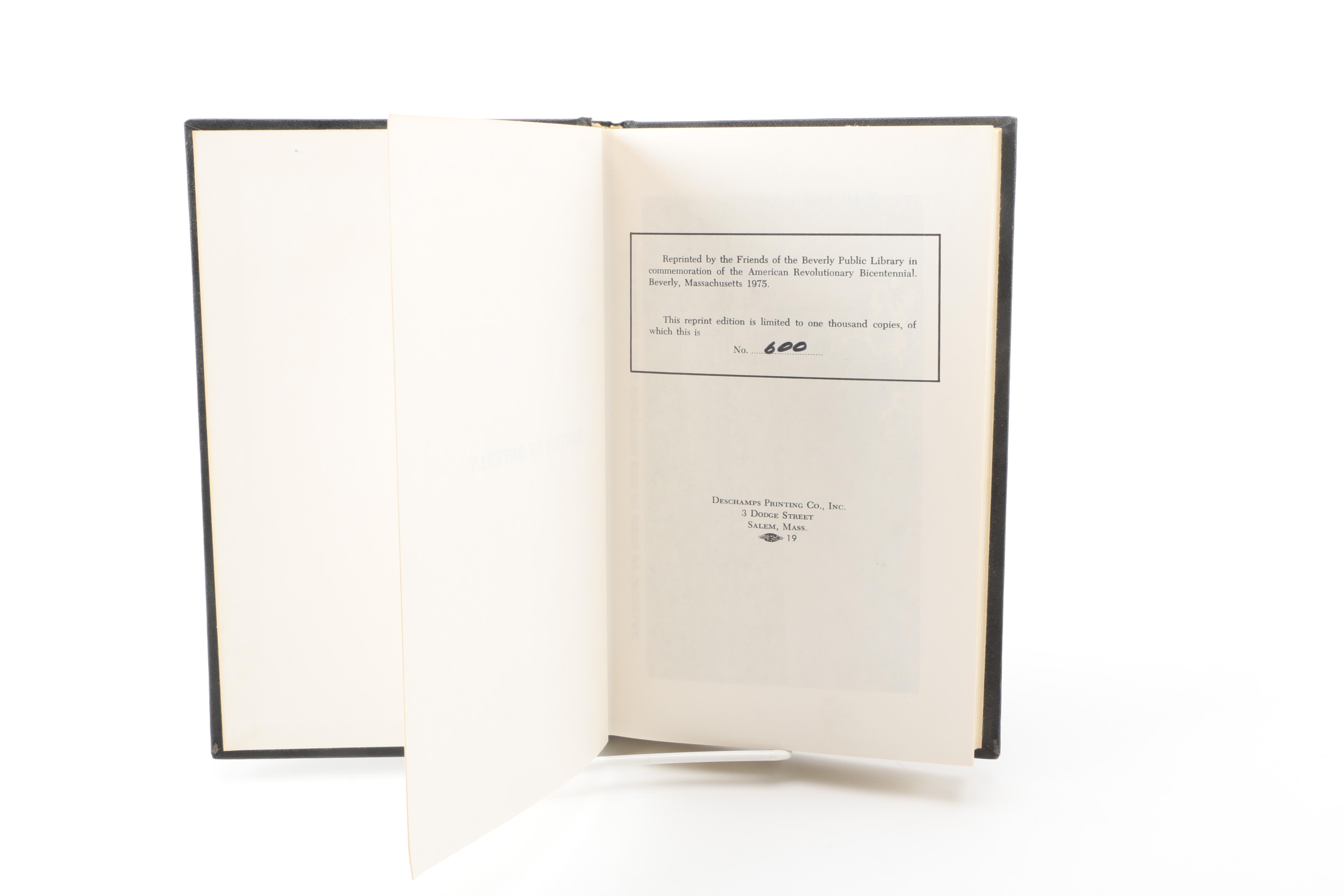 1975 Limited Edition "History of Beverly, Massachusetts: Civil and Ecclesiastical" by Edwin M. Stone