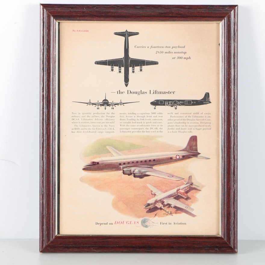 Framed Mid-Century Advertisement for Douglas Aircraft Liftmaster