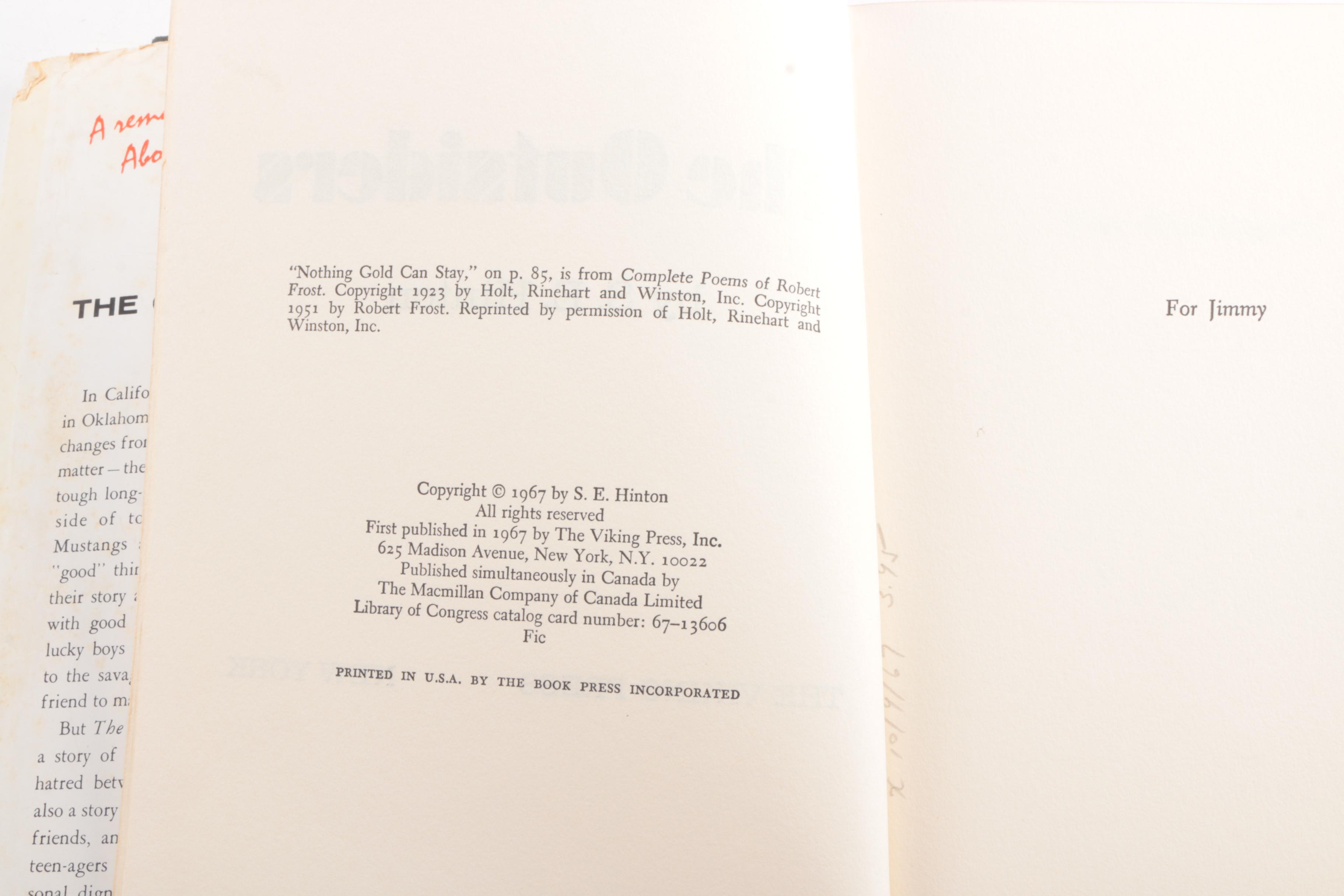 1967 First Edition "The Outsiders" by S. E. Hinton