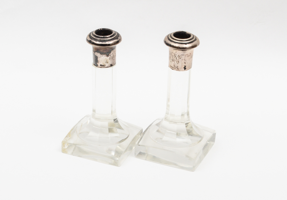 German Wilhelm Binder 800 Silver and Crystal Candlesticks