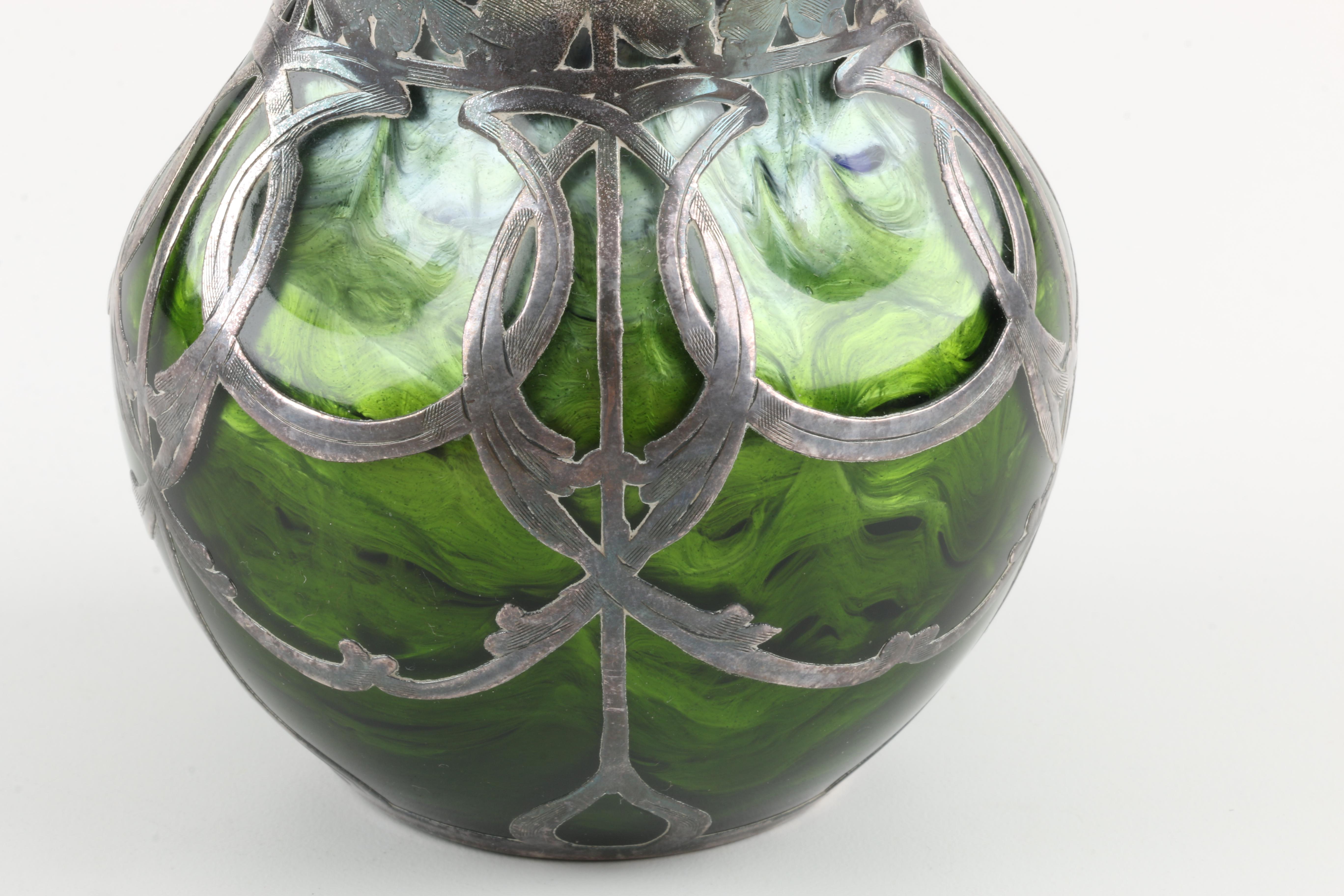 Circa 1900 Loetz Titania Glass Vase with Sterling Silver Overlay