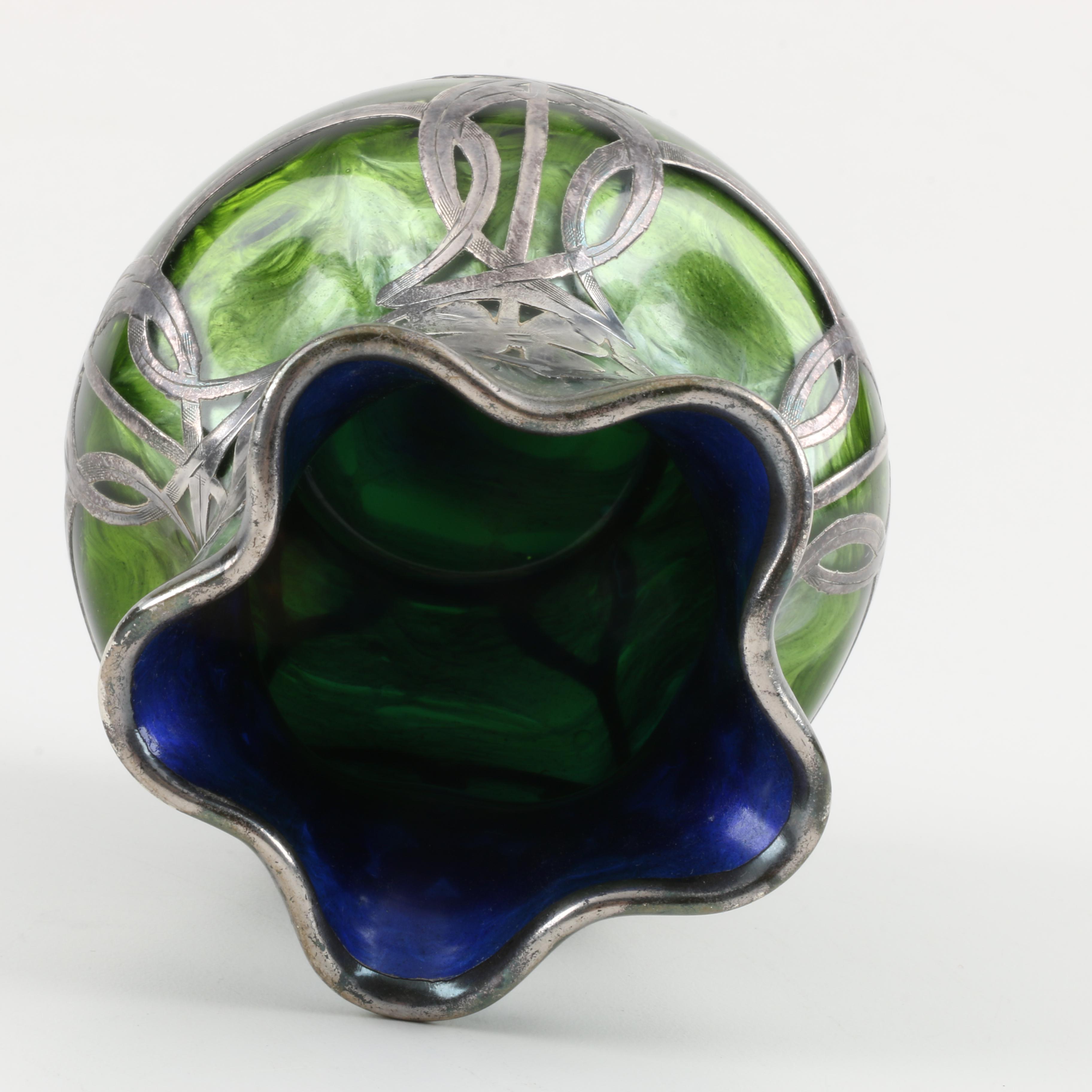 Circa 1900 Loetz Titania Glass Vase with Sterling Silver Overlay