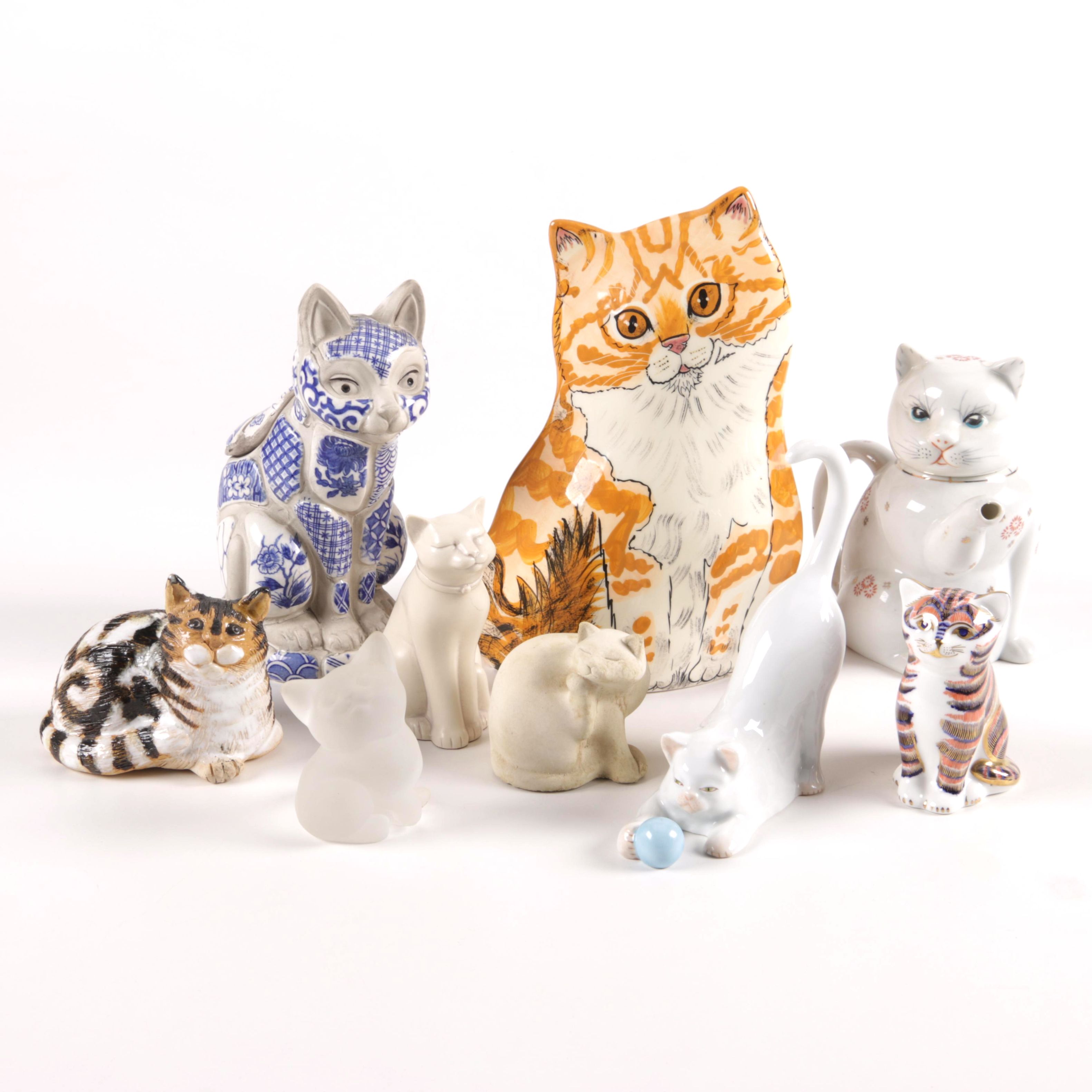 Cat Figurines and Teapot Including Herend