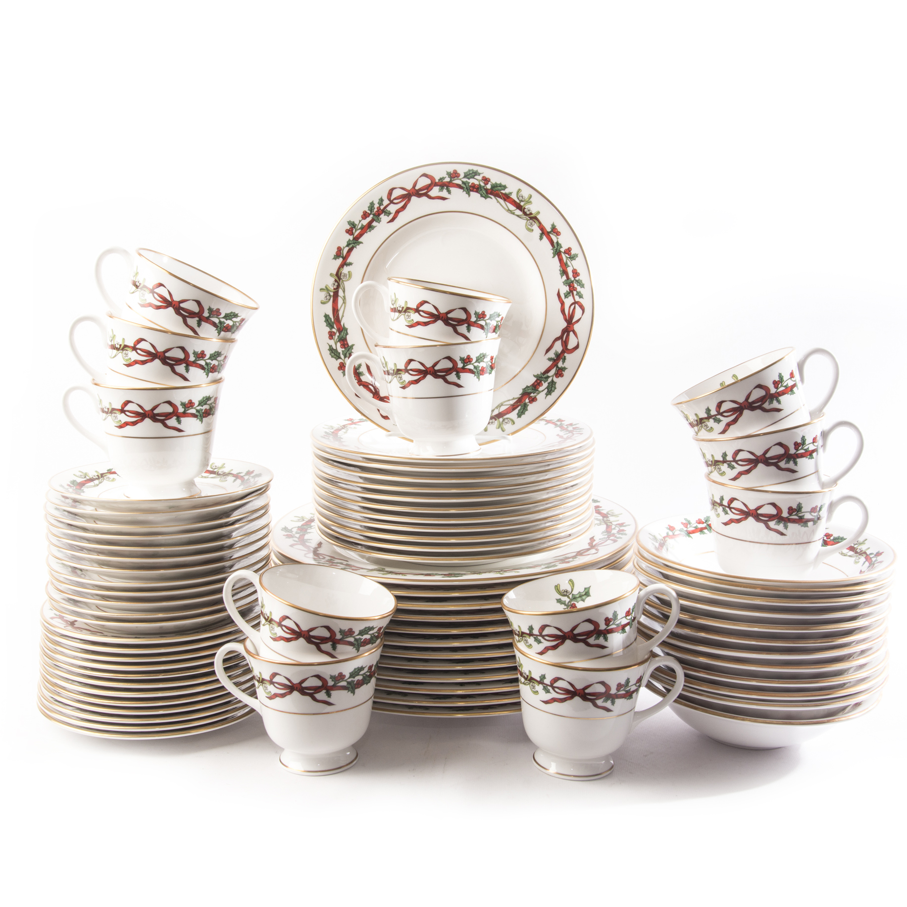 Royal Worcester "Holly Ribbons" Fine Bone China Six Piece Place Setting for Twelve
