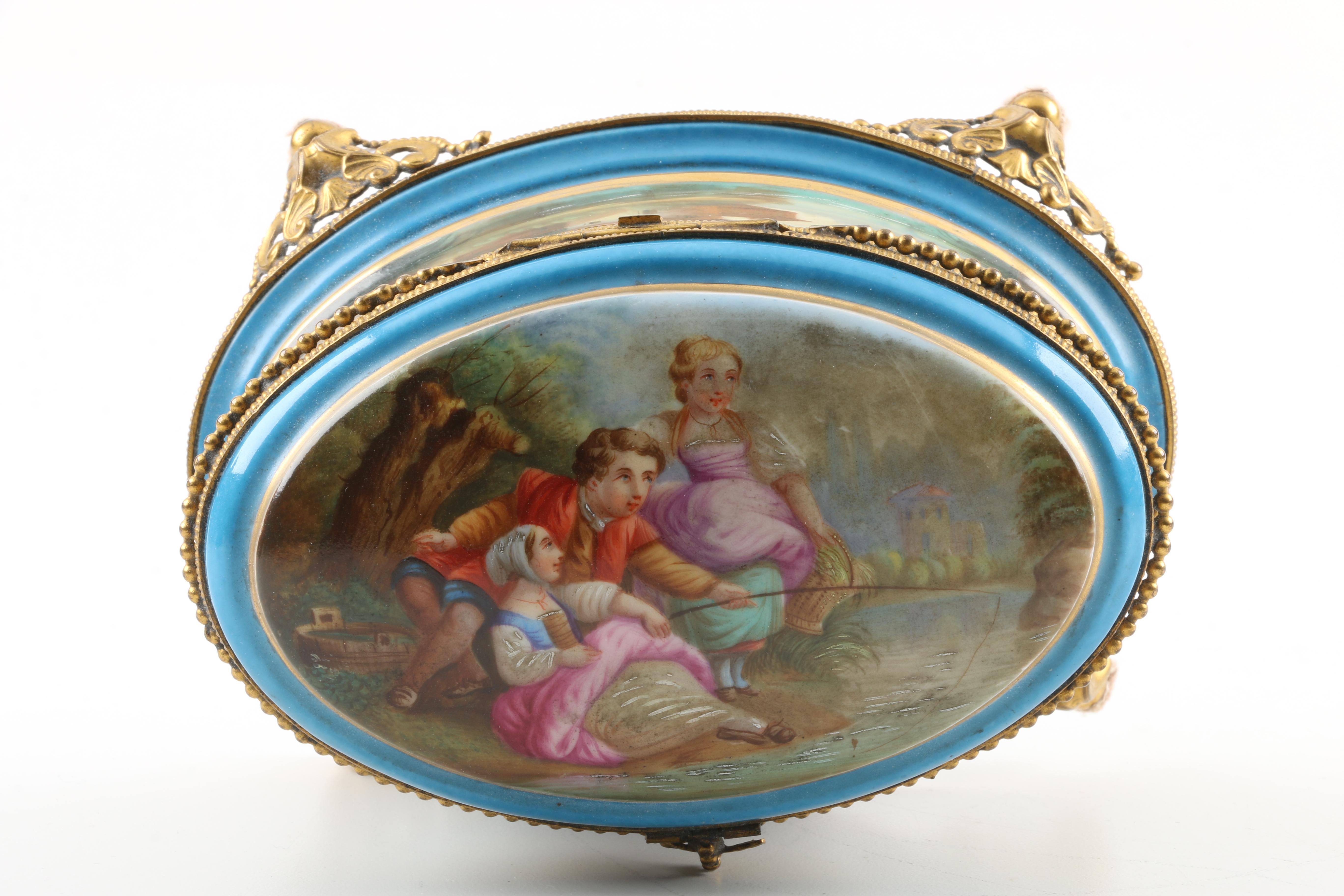 19th Century Hand Painted Sevres Style Porcelain Sewing Box