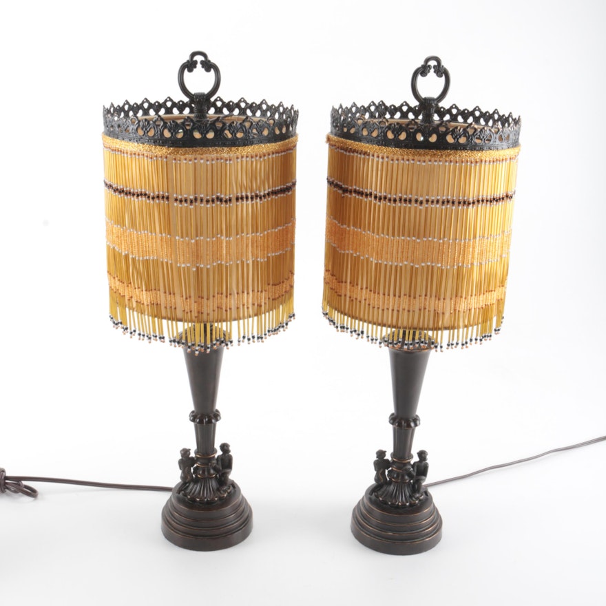 Pair of Dale Lighting Tropical Table Lamps With Beaded Shades