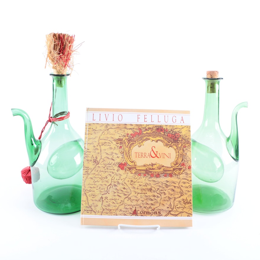 Hand-Blown Green Glass Wine Decanters and Italian Wine Book