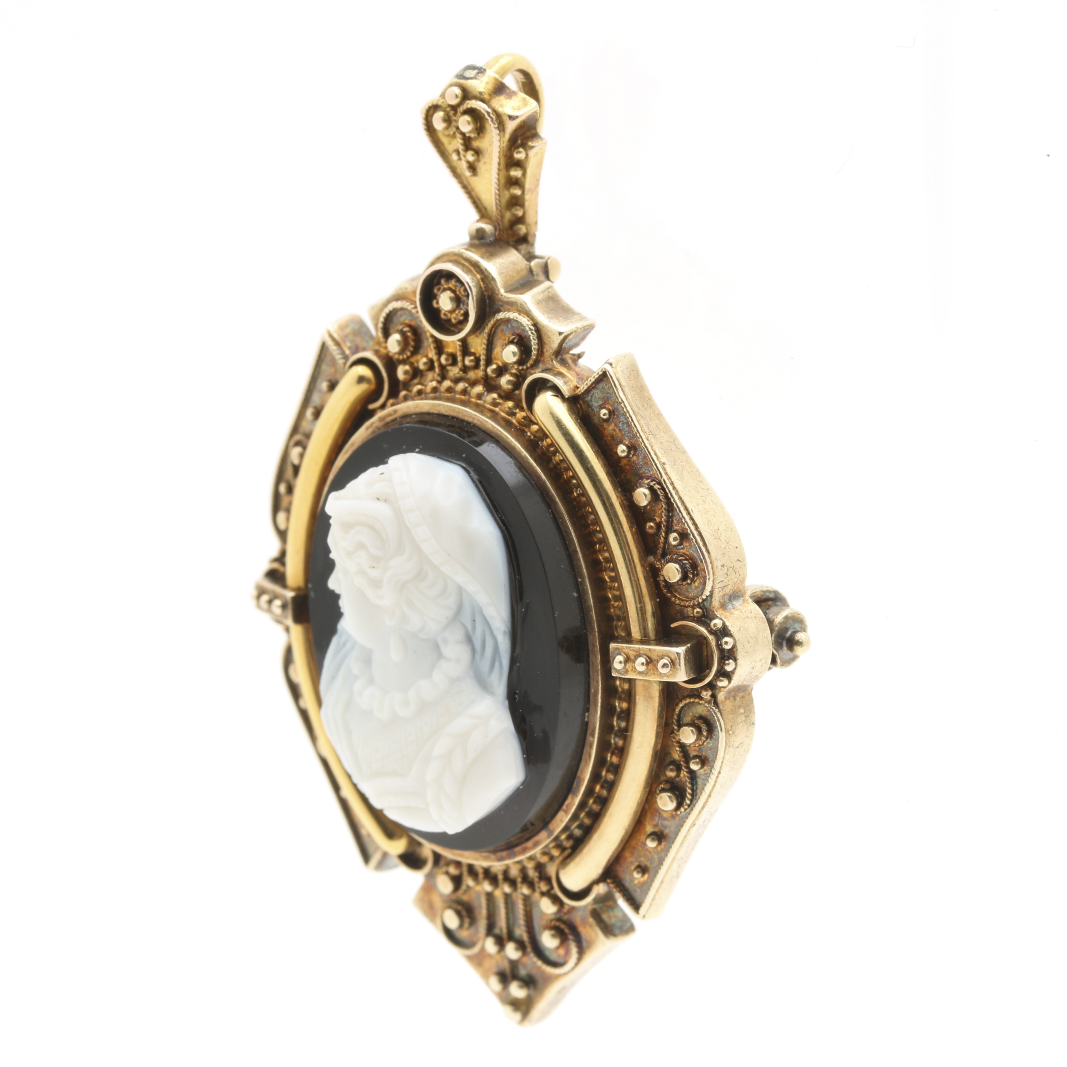14K Yellow Gold  Mourning Cameo Brooch Pendant