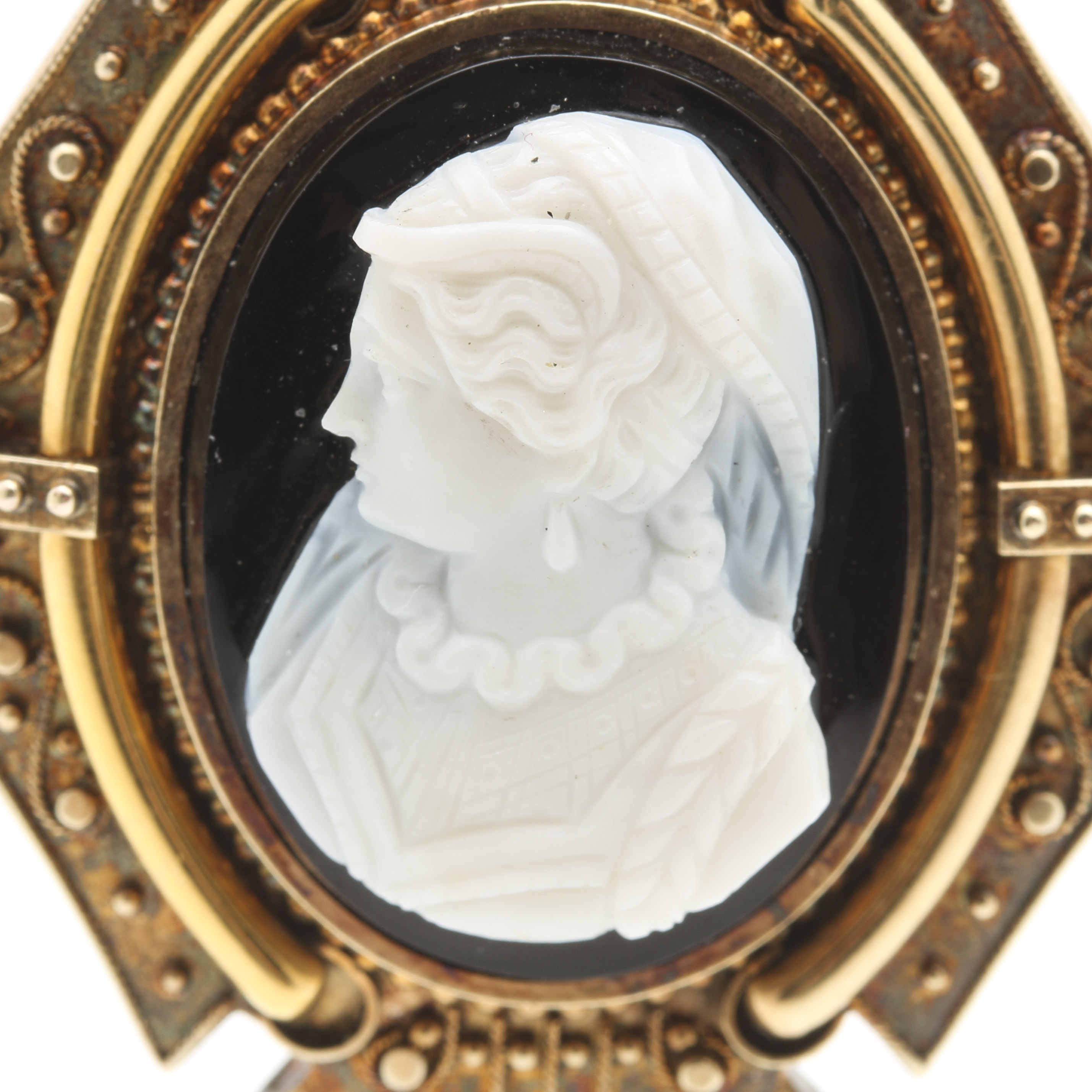 14K Yellow Gold  Mourning Cameo Brooch Pendant