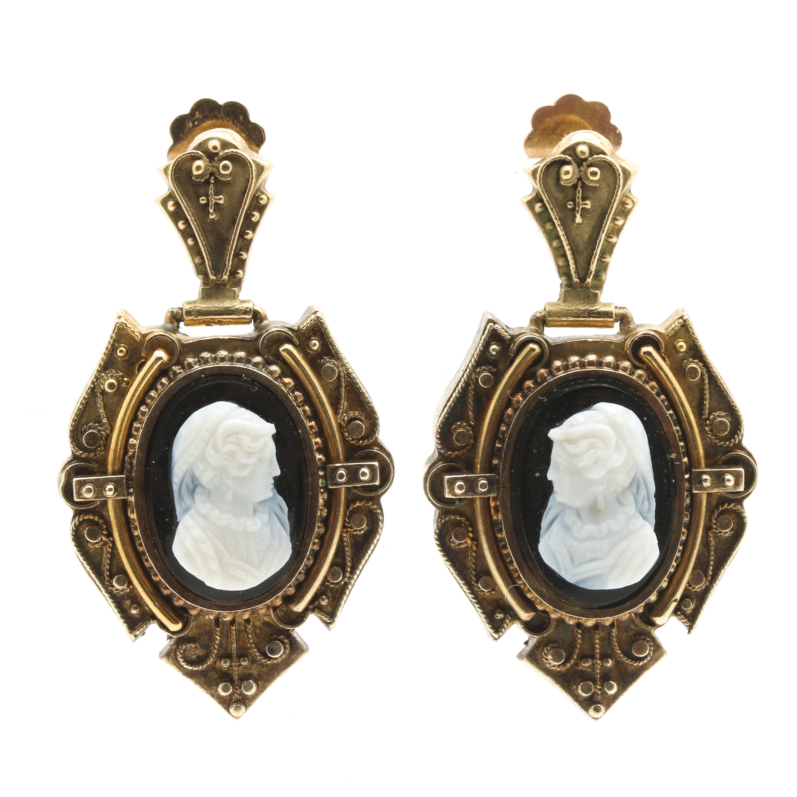 14K Yellow Gold Onyx Cameo Earrings