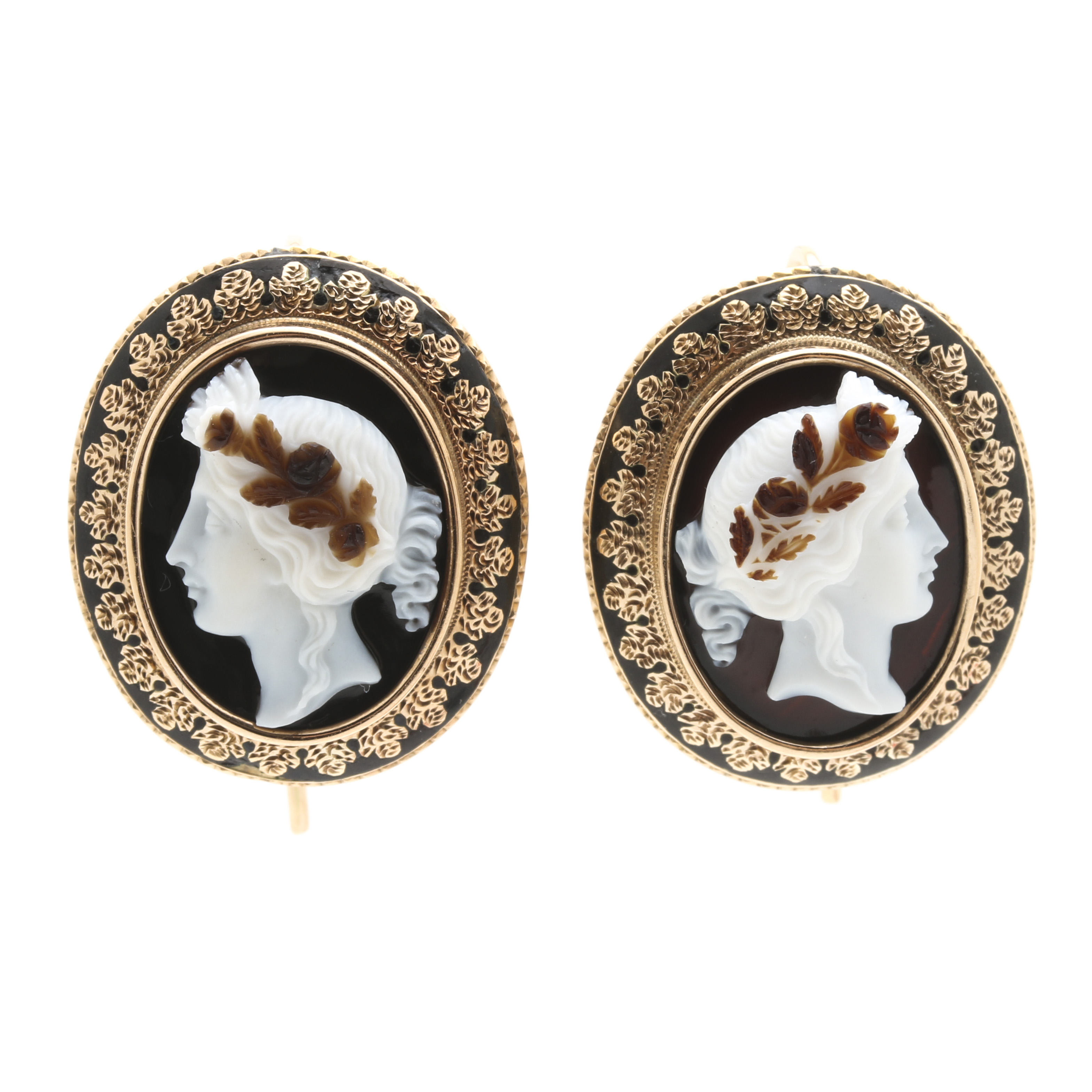 14K Yellow Gold Onyx Cameo Earrings