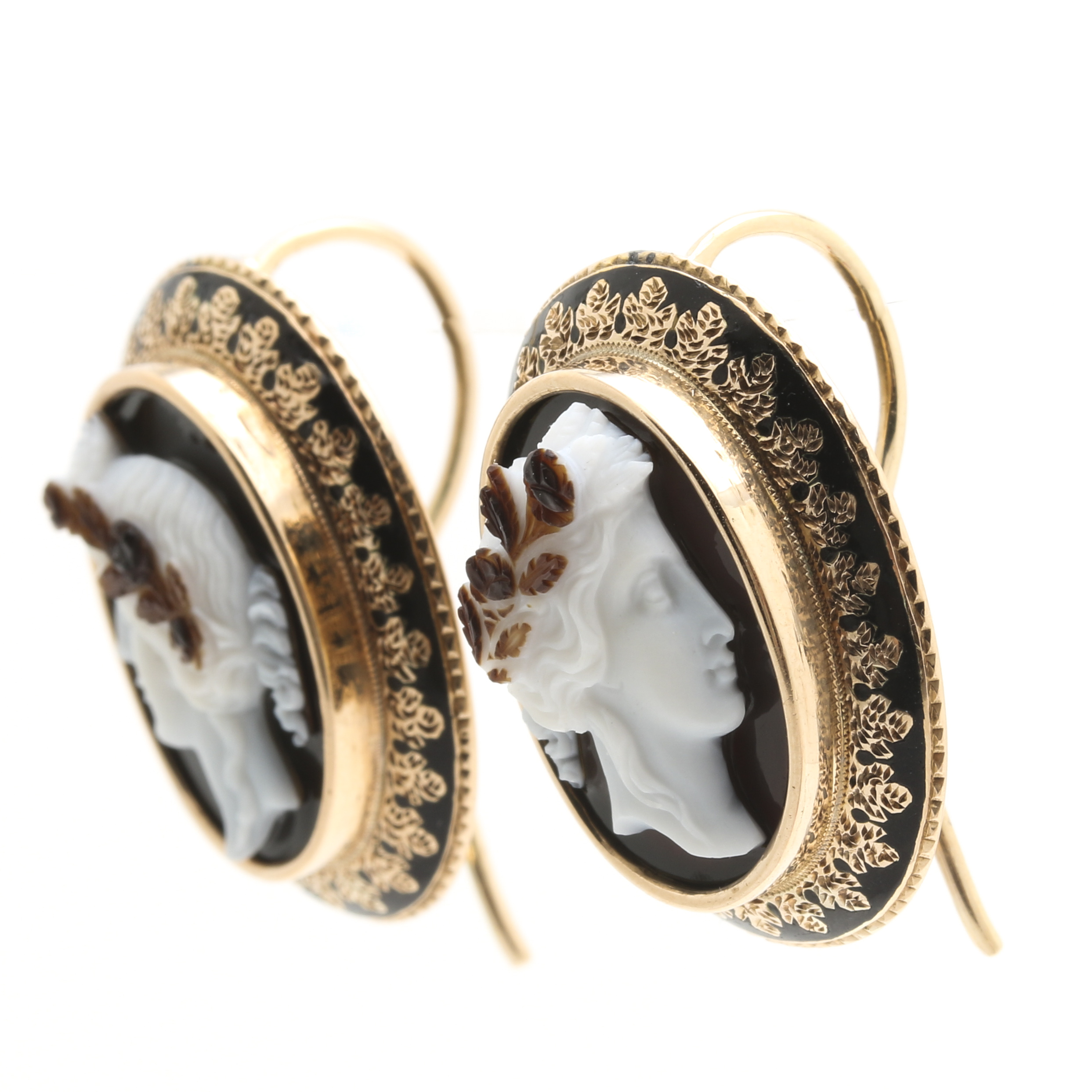14K Yellow Gold Onyx Cameo Earrings