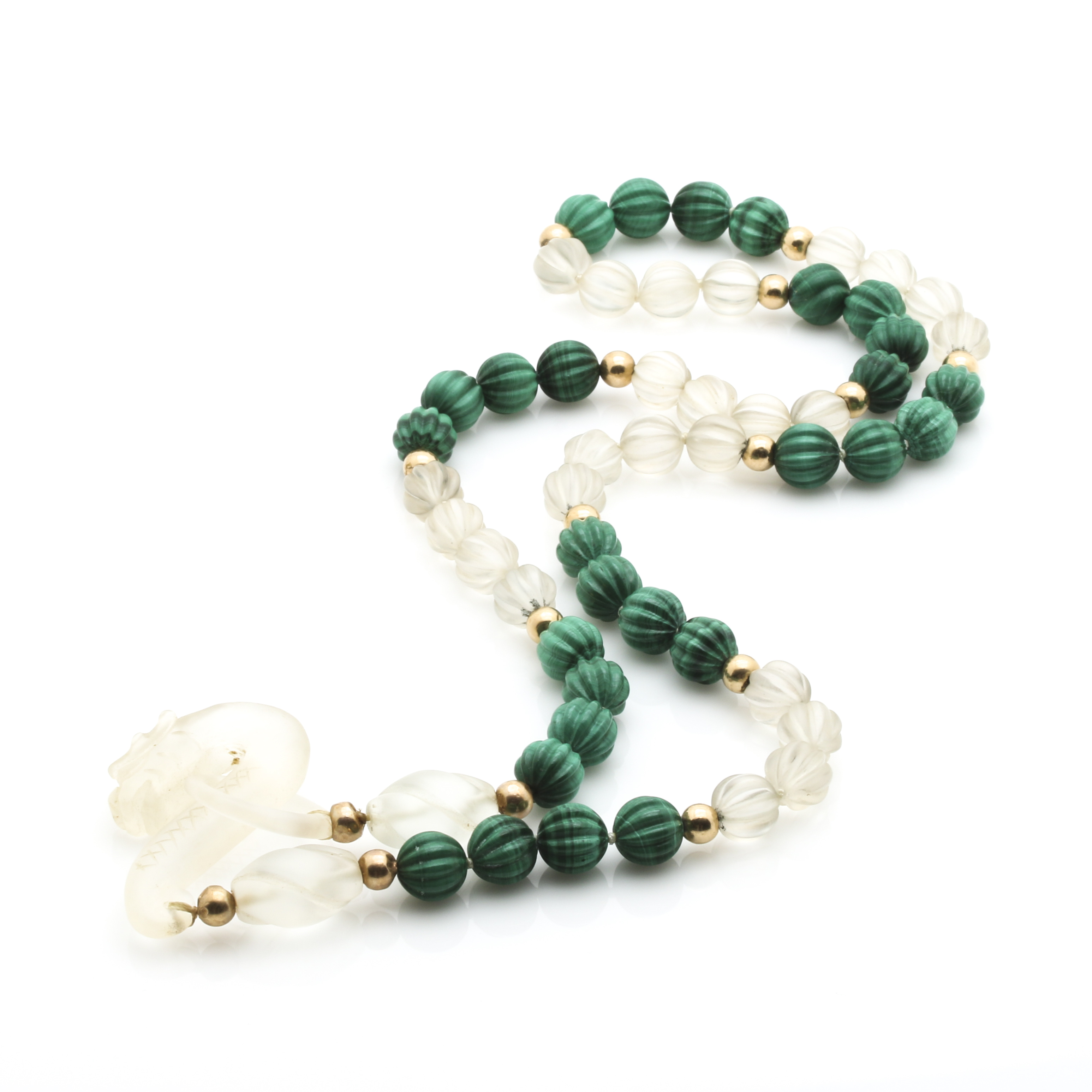 Malachite and Quartz Necklace with 14K Yellow Gold Accent Beads