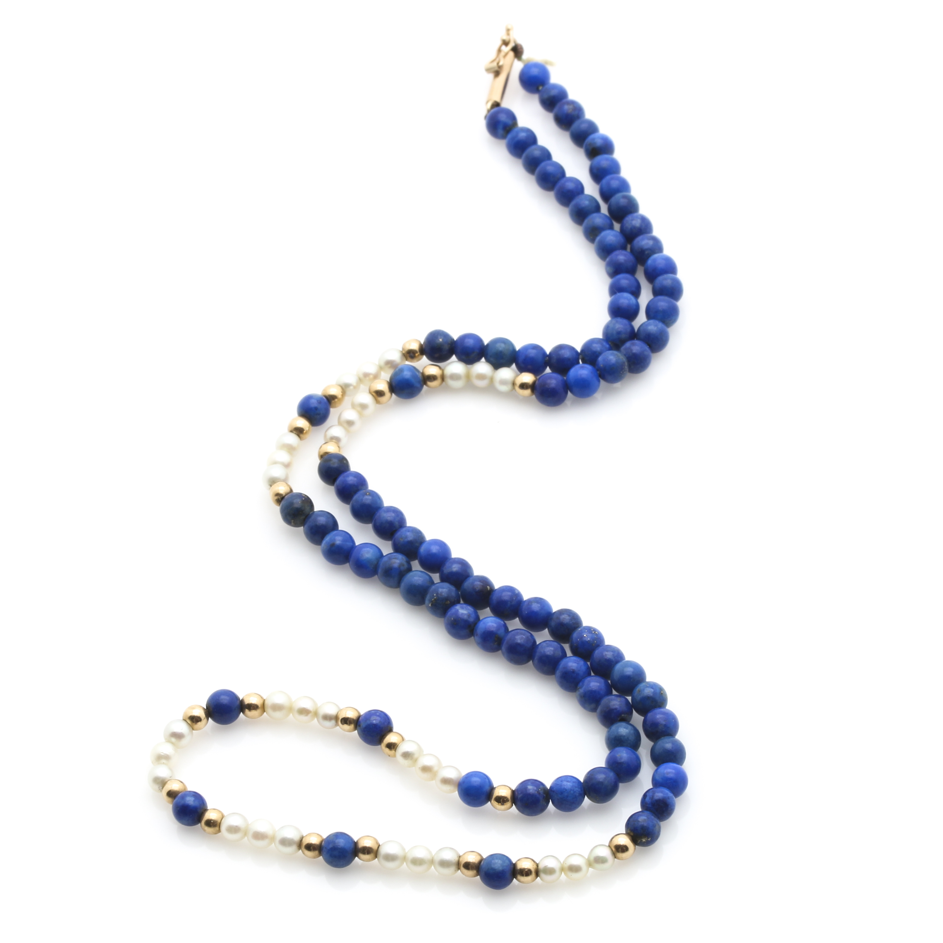 14K Yellow Gold Lapis Lazuli and Cultured Pearl Beaded Necklace