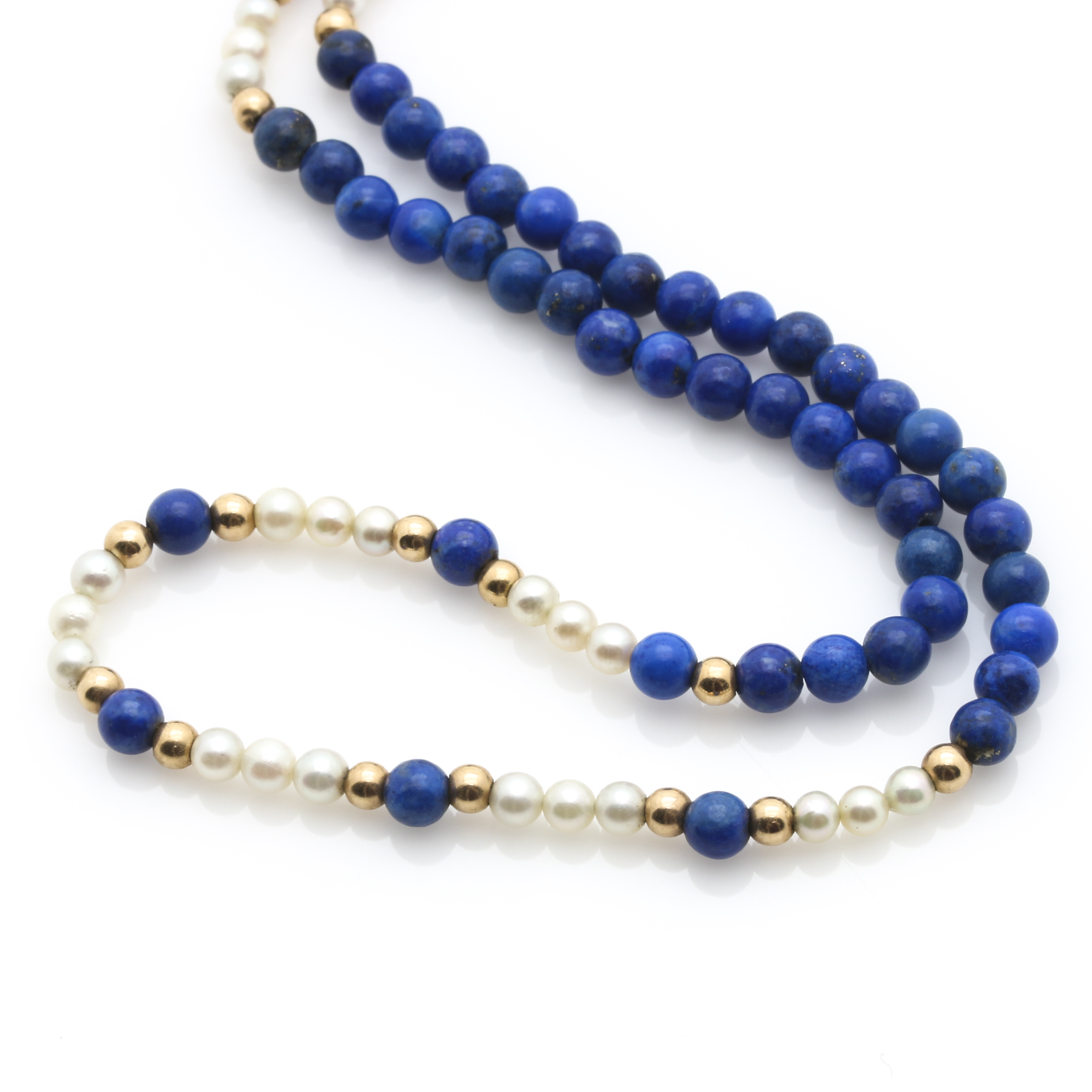 14K Yellow Gold Lapis Lazuli and Cultured Pearl Beaded Necklace