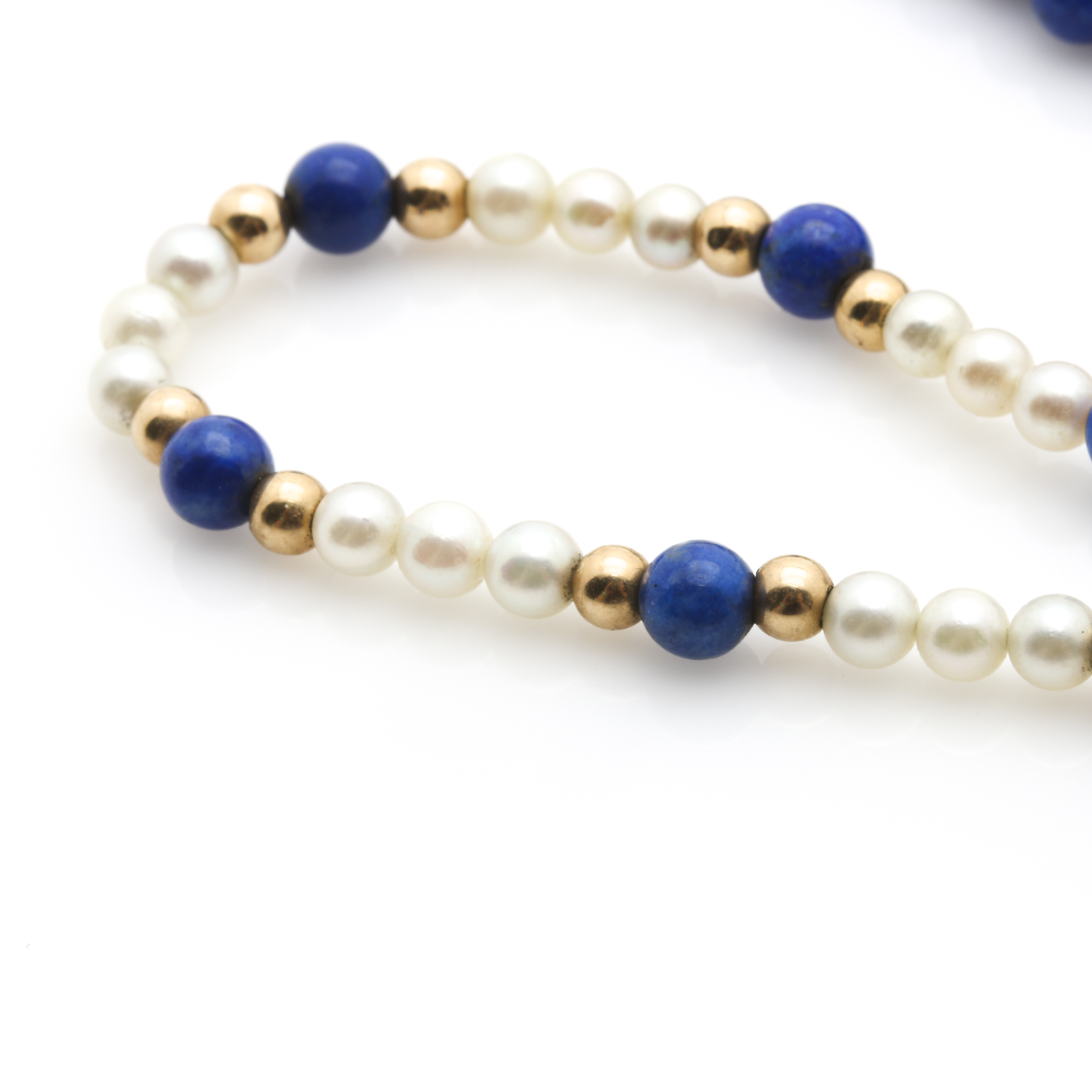 14K Yellow Gold Lapis Lazuli and Cultured Pearl Beaded Necklace