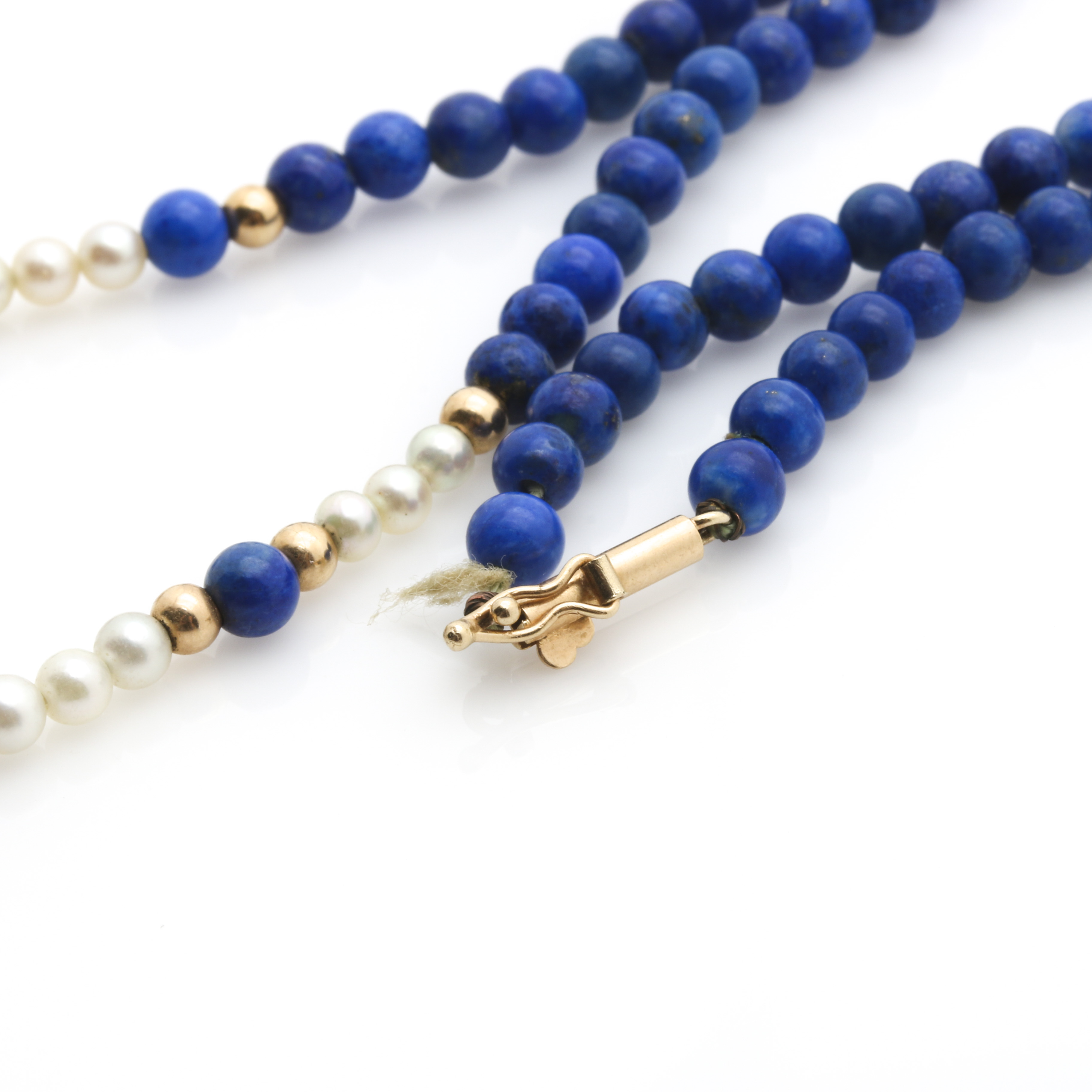 14K Yellow Gold Lapis Lazuli and Cultured Pearl Beaded Necklace