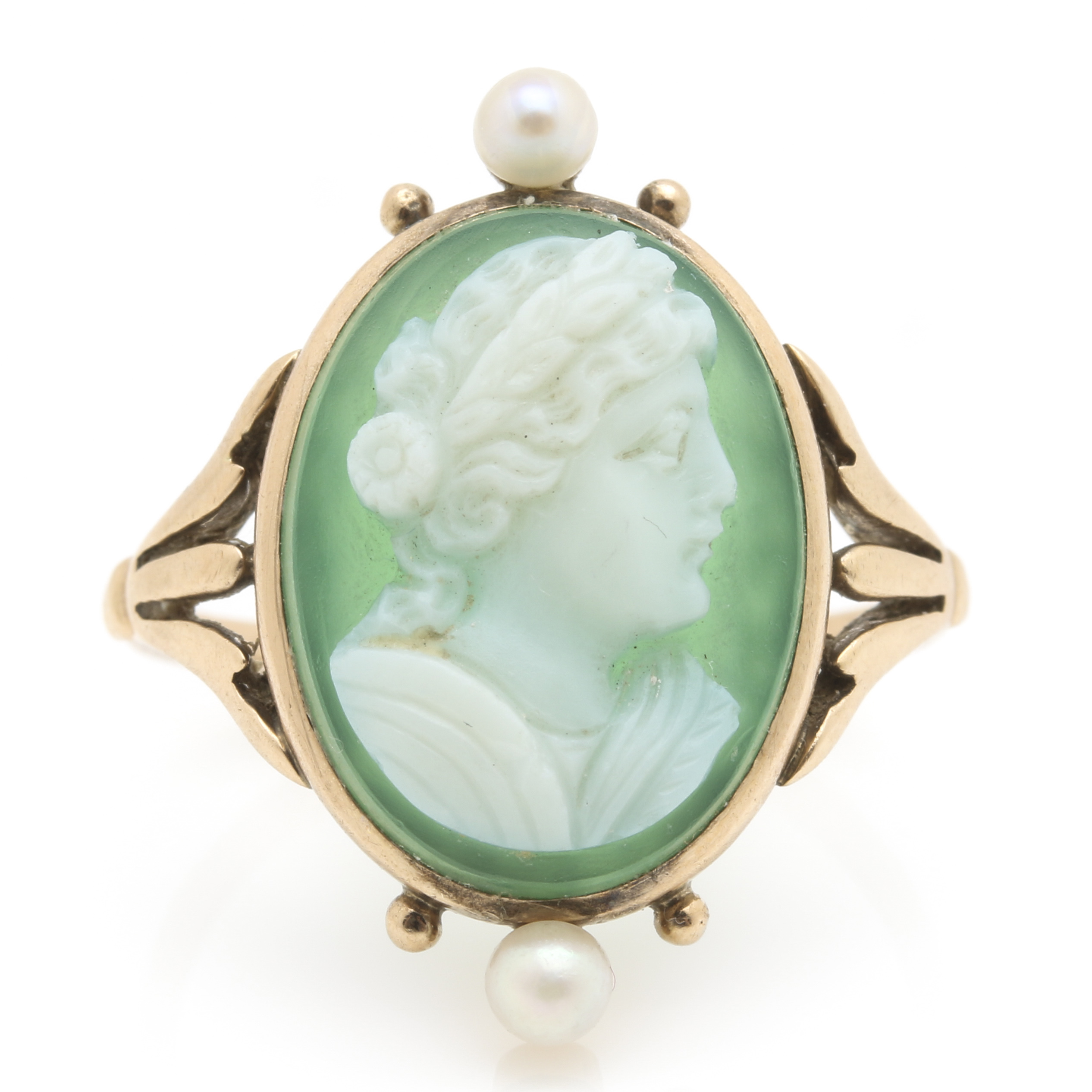 14K Yellow Gold Agate and Pearl Cameo Ring
