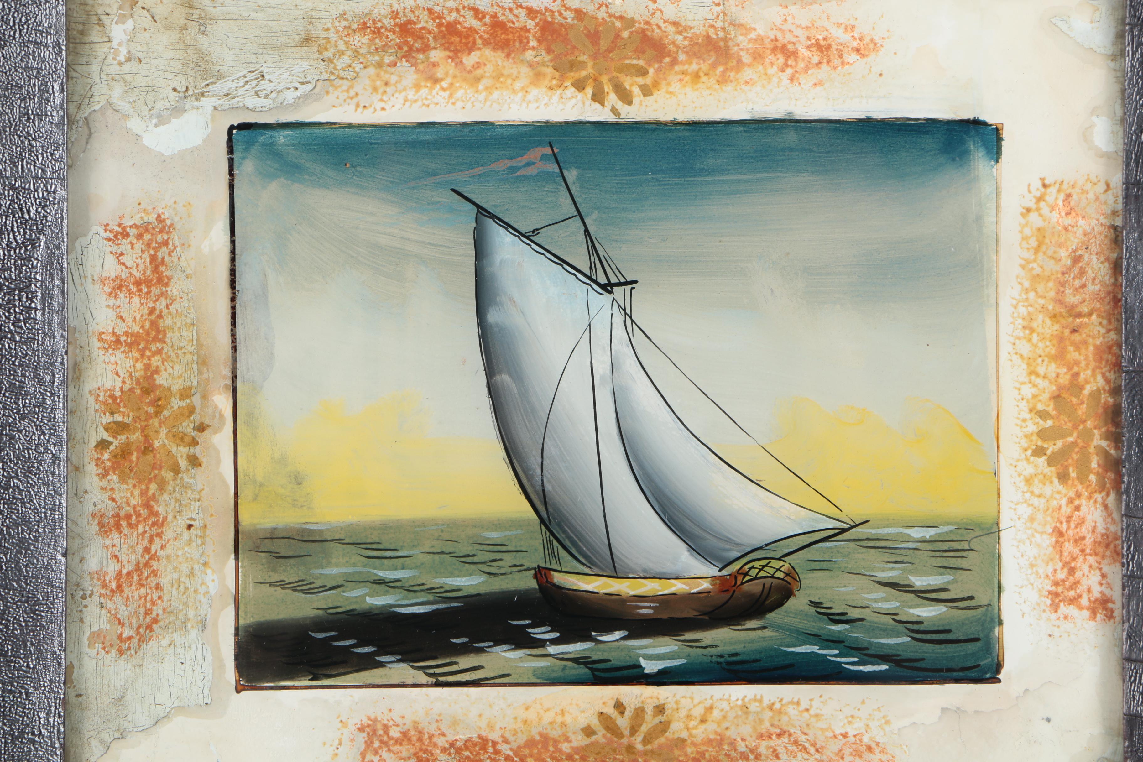 Mirror With Reverse Painting of a Sailboat