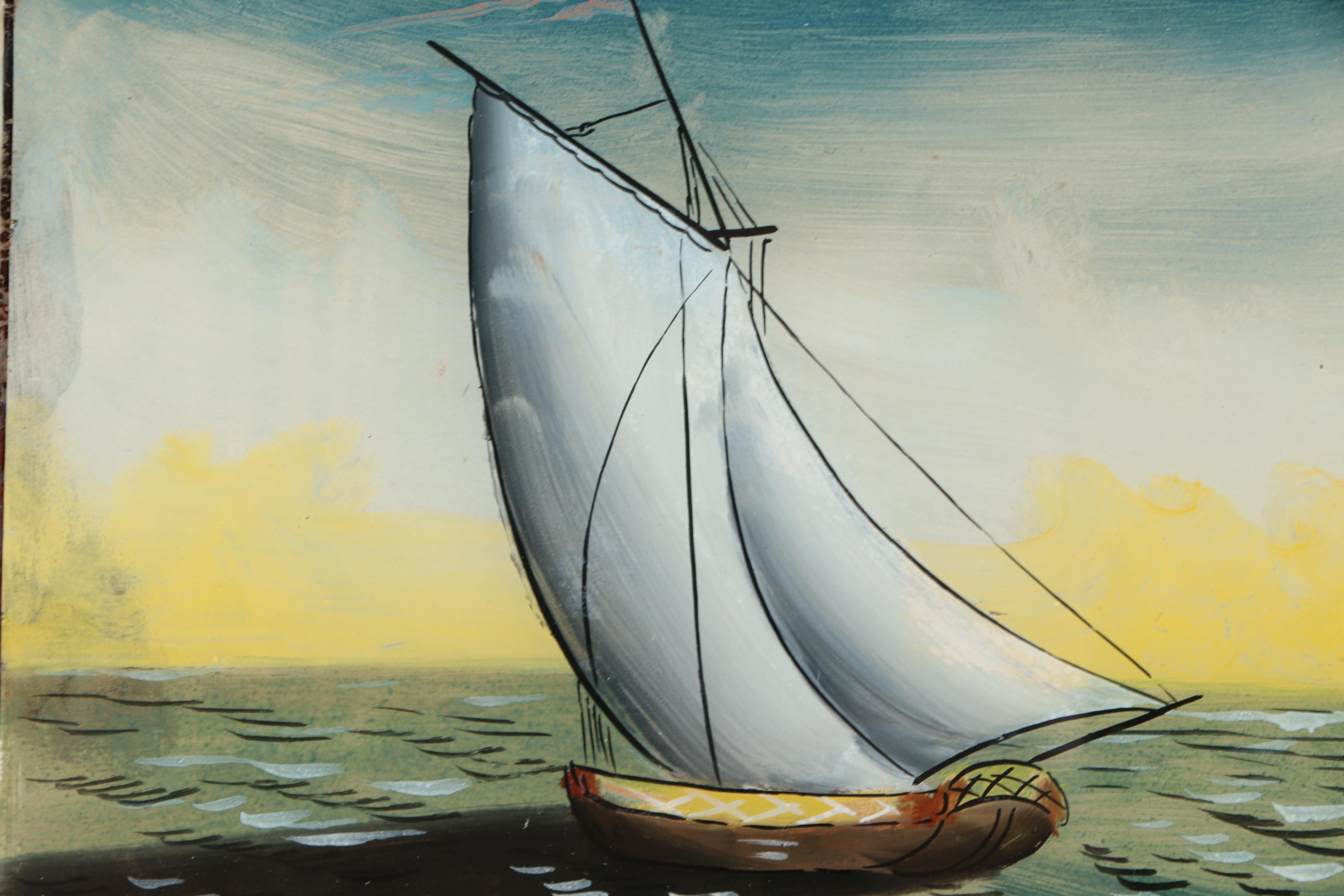 Mirror With Reverse Painting of a Sailboat