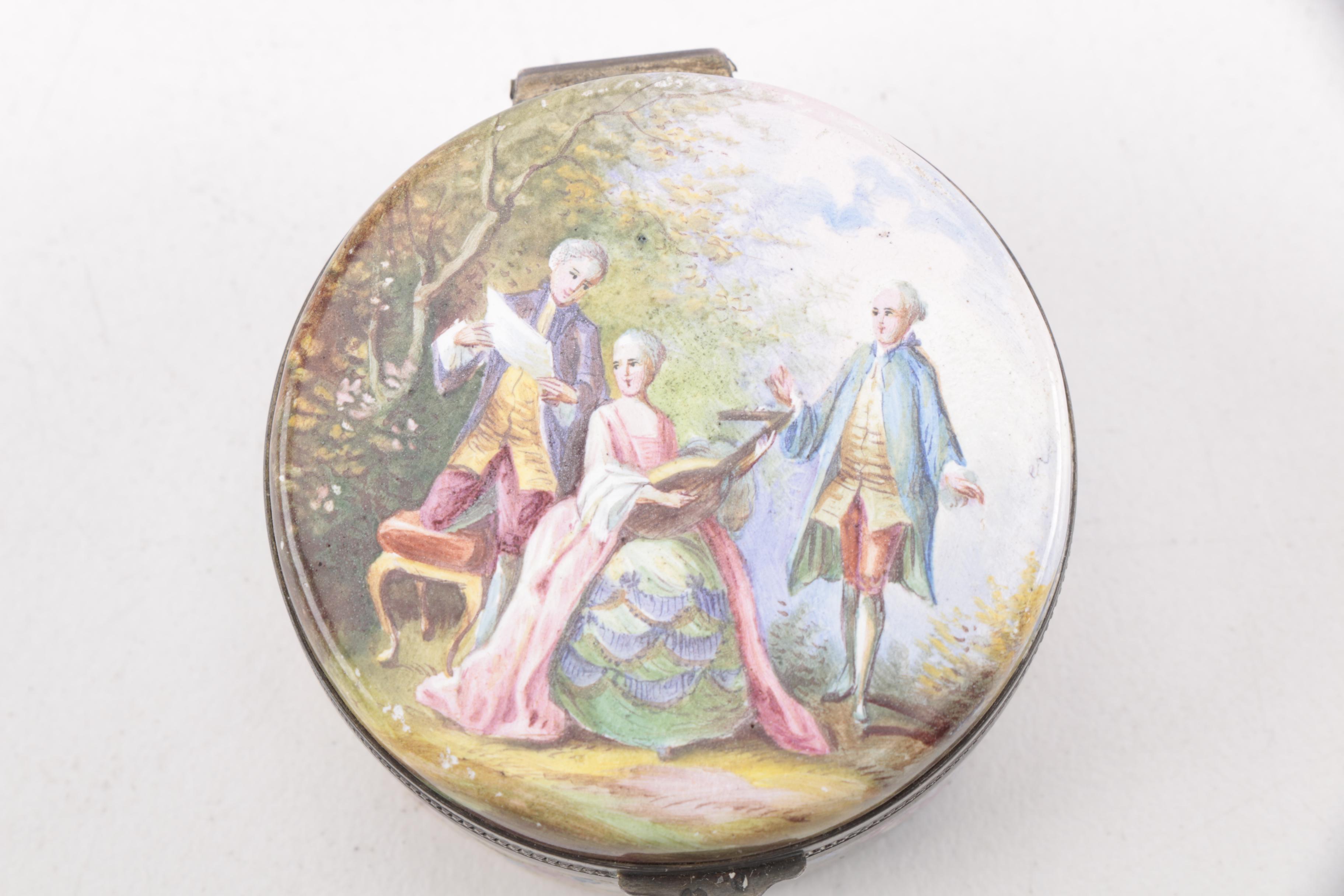 Antique Enameled Patch Box with Pastoral Theme