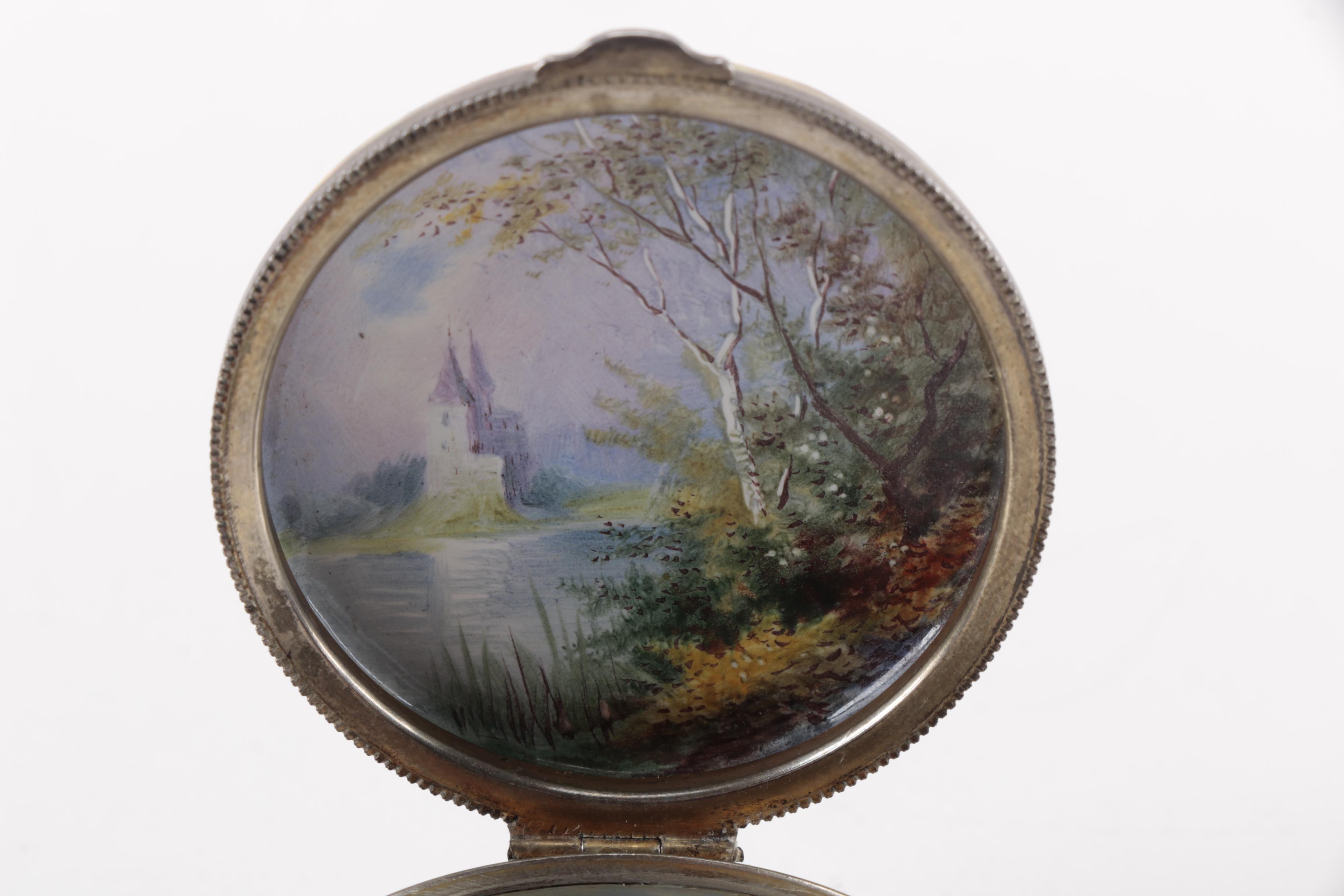 Antique Enameled Patch Box with Pastoral Theme
