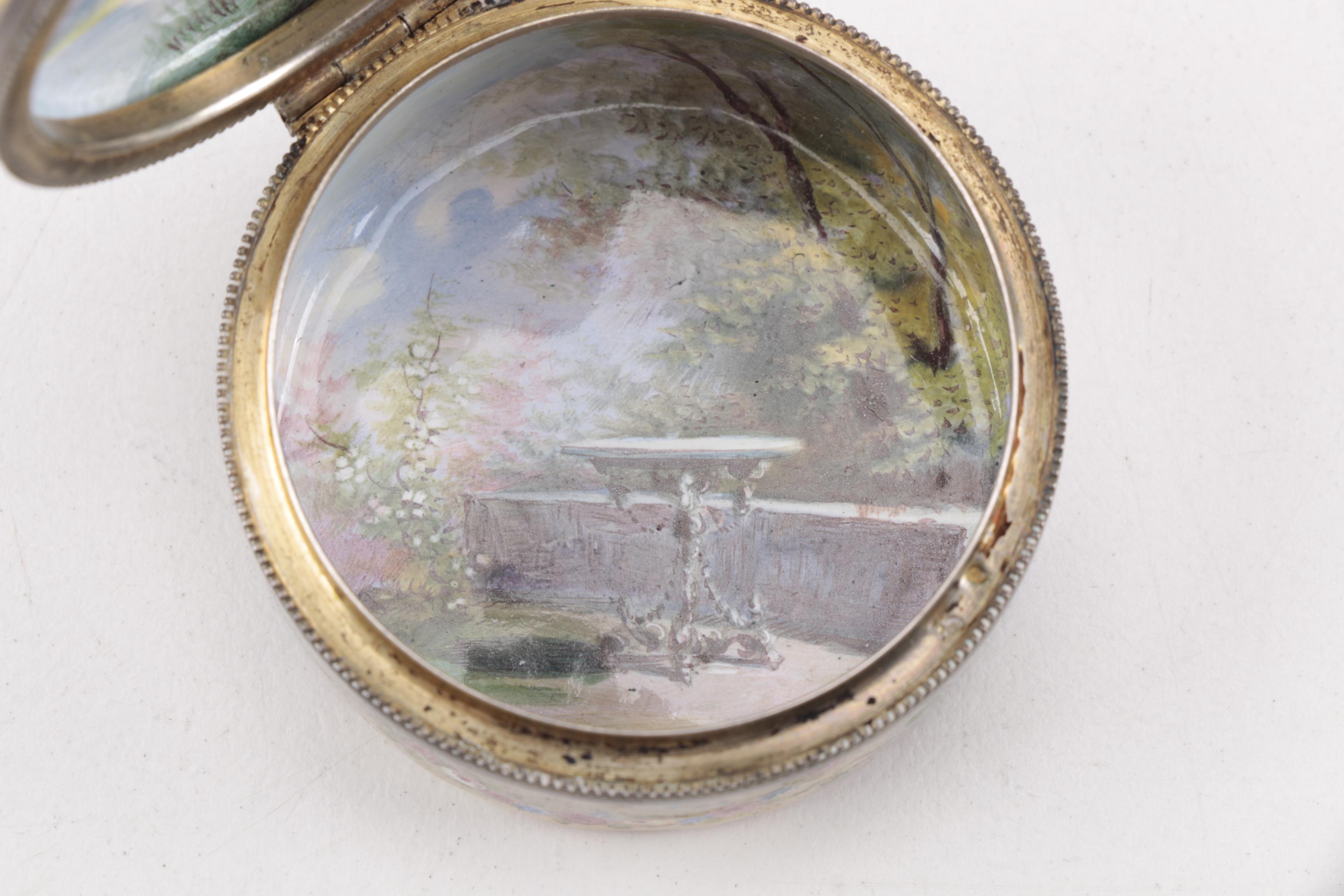 Antique Enameled Patch Box with Pastoral Theme