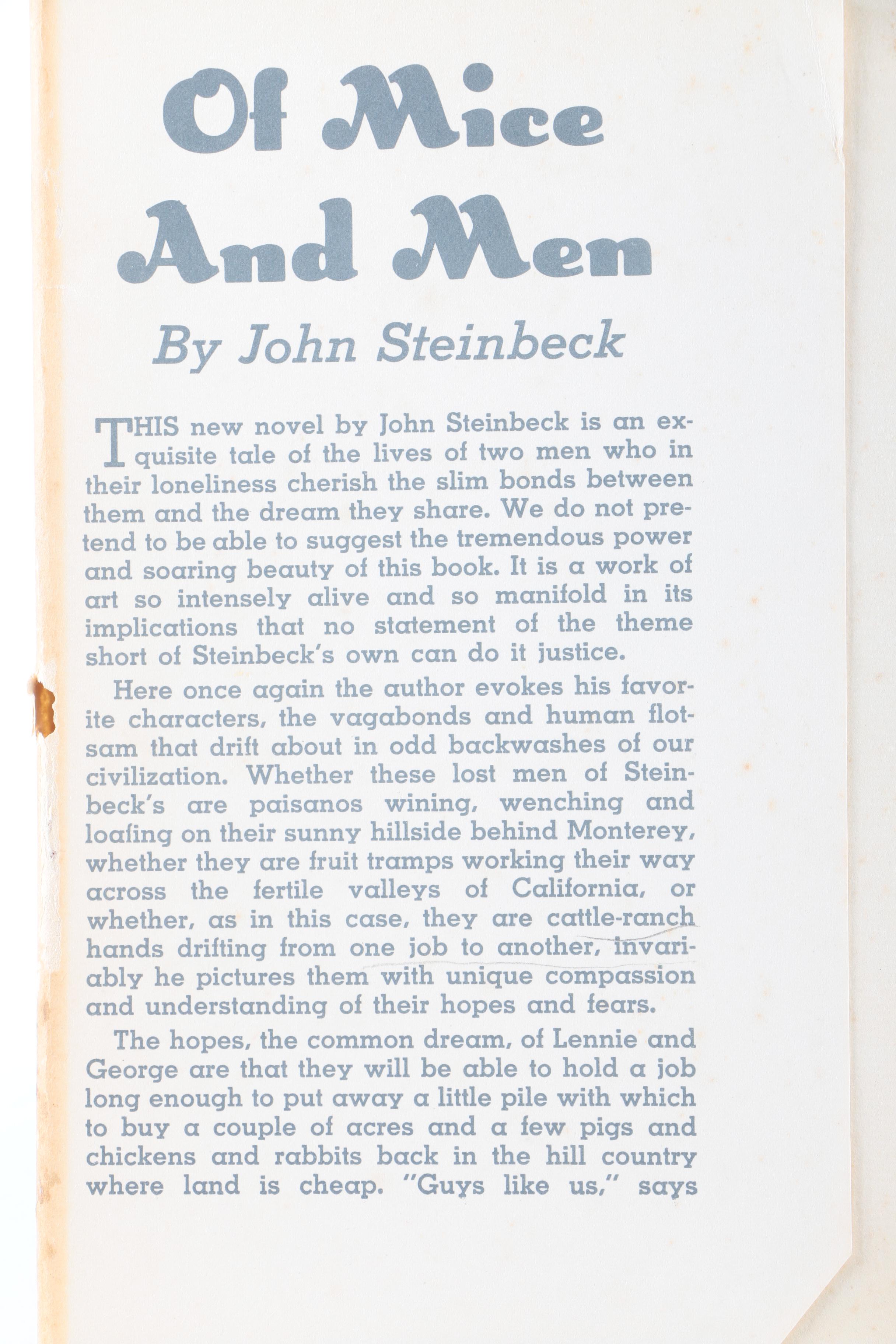 Vintage "Of Mice and Men" by John Steinbeck