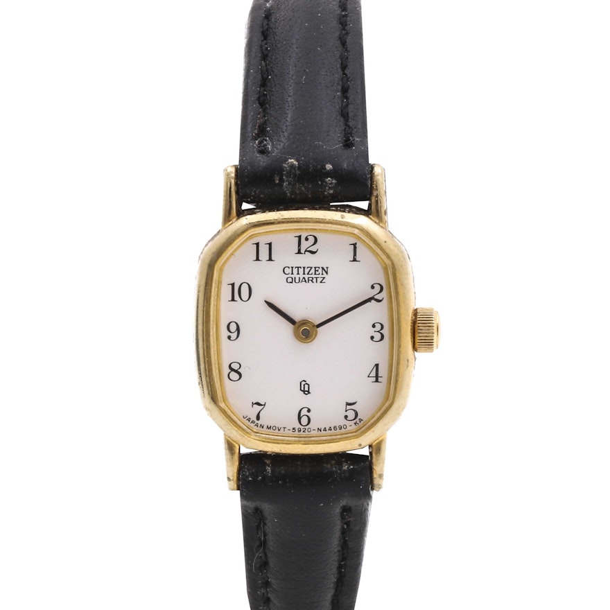 Citizen Quartz Gold Tone Black Leather Wristwatch