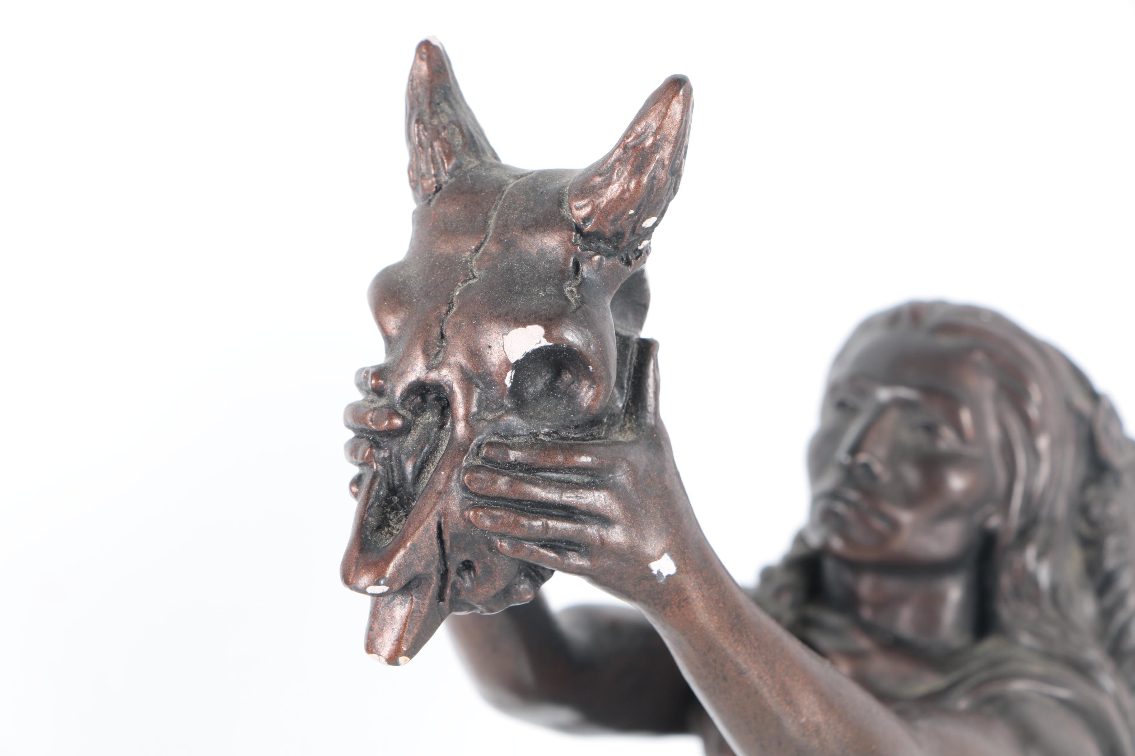 Austin Sculpture 1990s Chalkware Native American Figure Holding Bison Skull