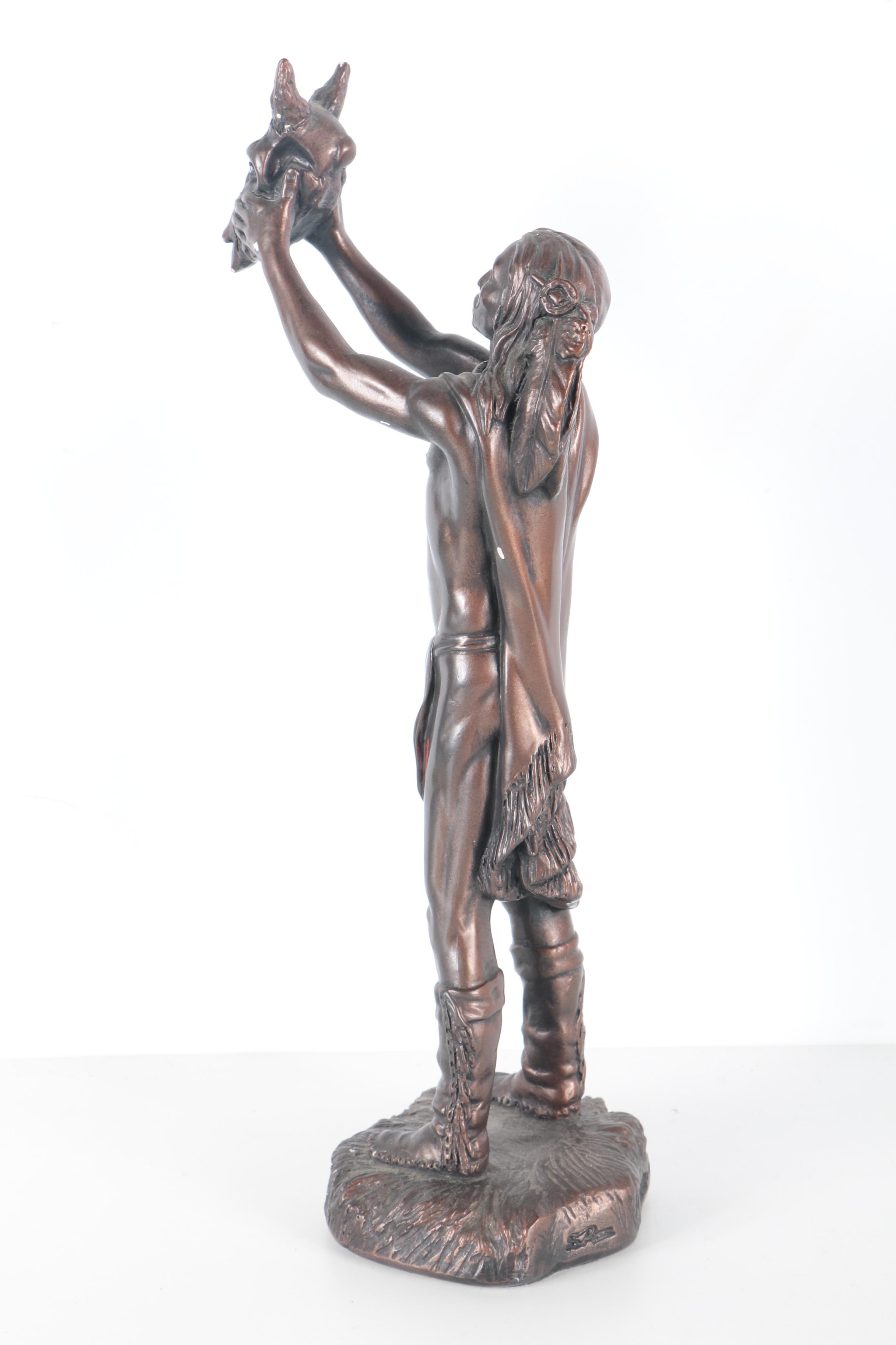 Austin Sculpture 1990s Chalkware Native American Figure Holding Bison Skull