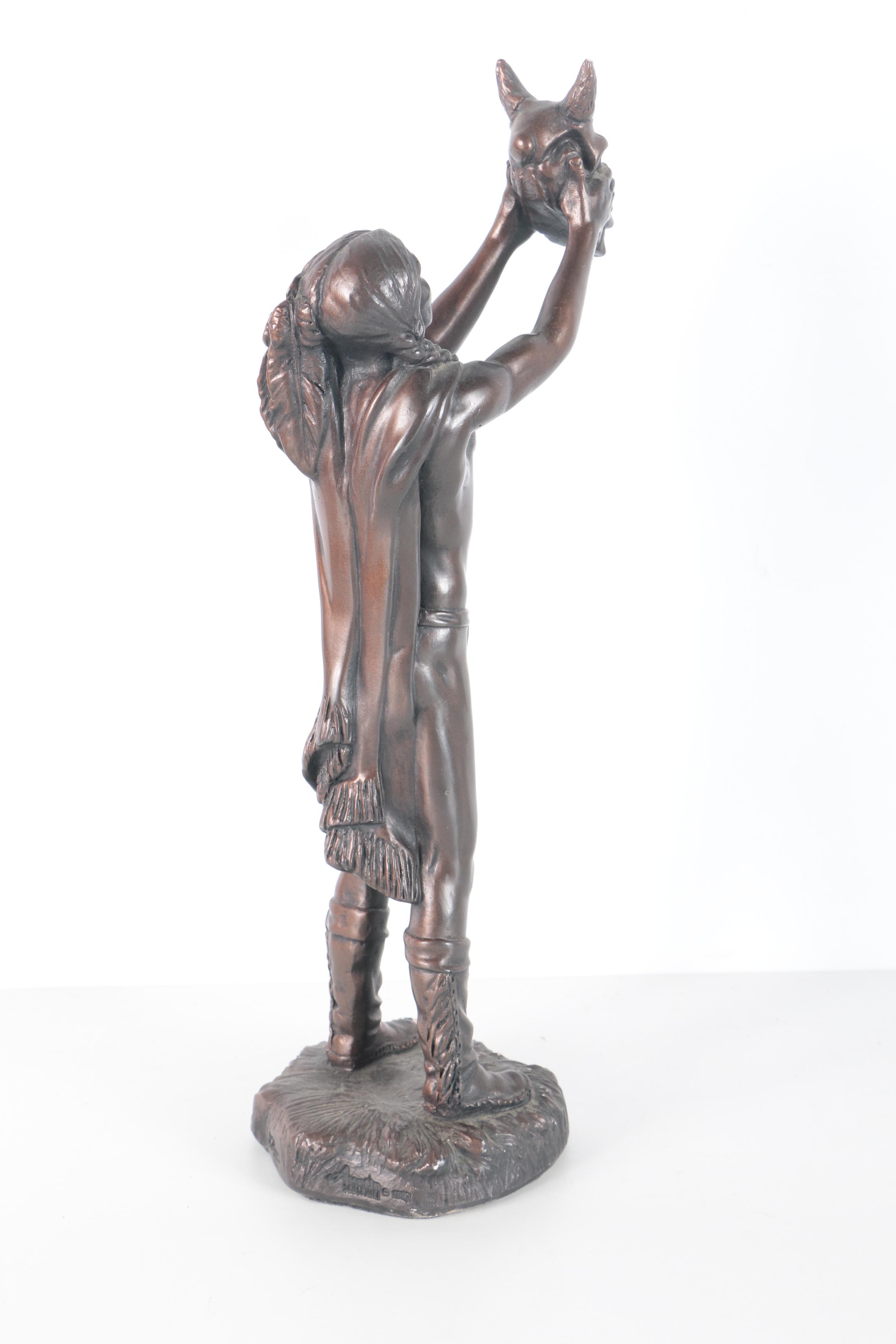 Austin Sculpture 1990s Chalkware Native American Figure Holding Bison Skull