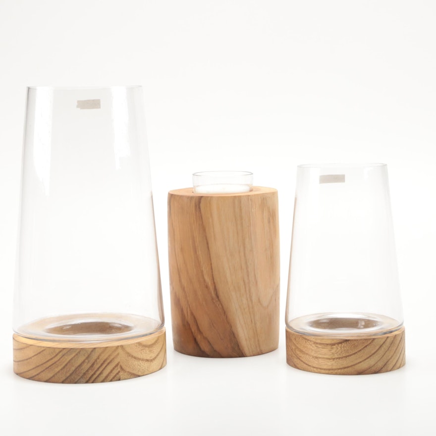 Three Candle Holders With Wooden Bases