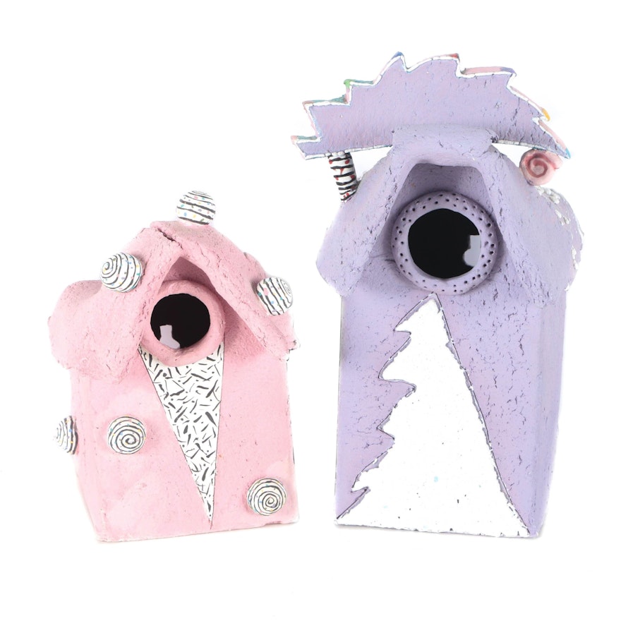 Signed Fanciful Clay Bird Houses