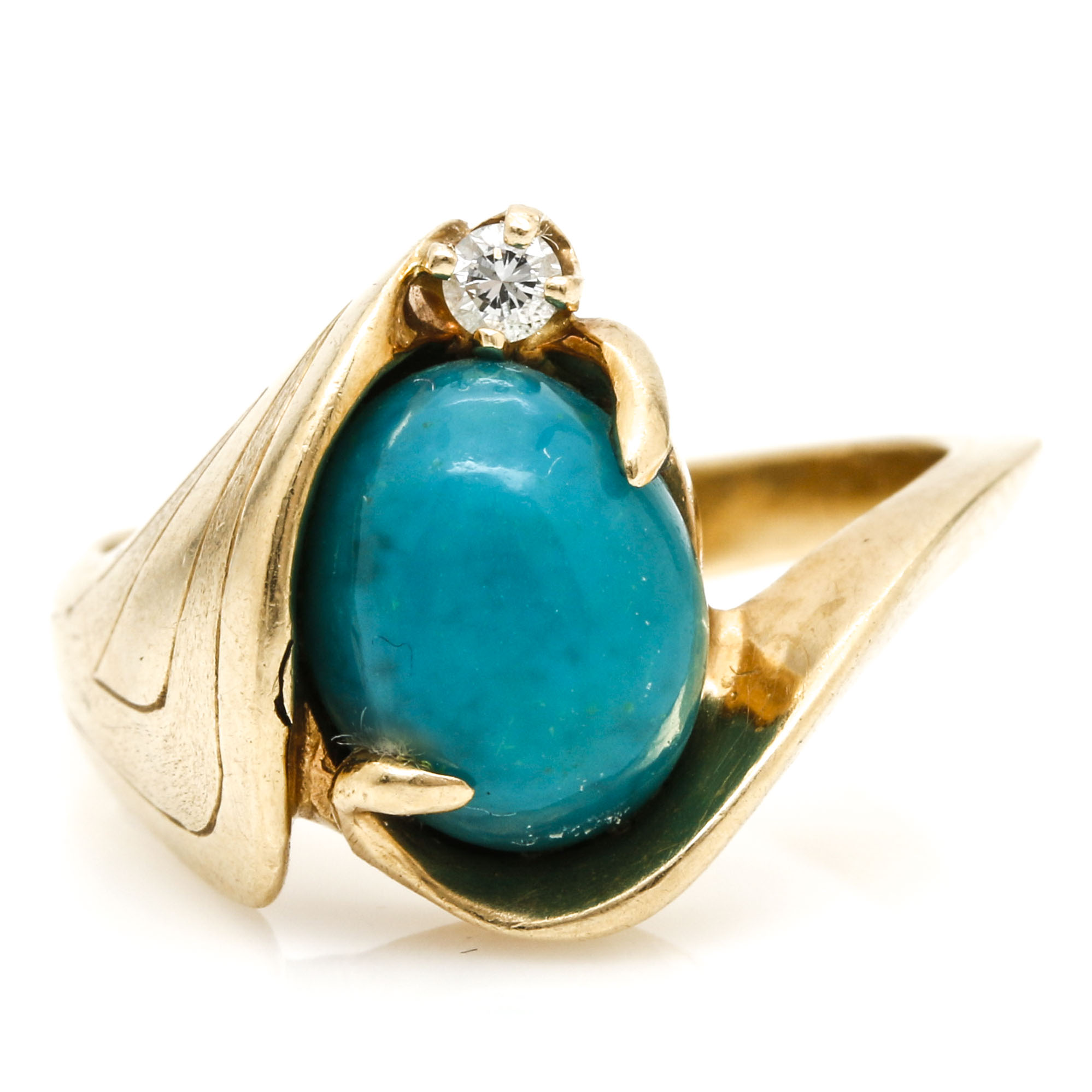 14K Yellow Gold Chrysocolla Chalcedony and Diamond Ring