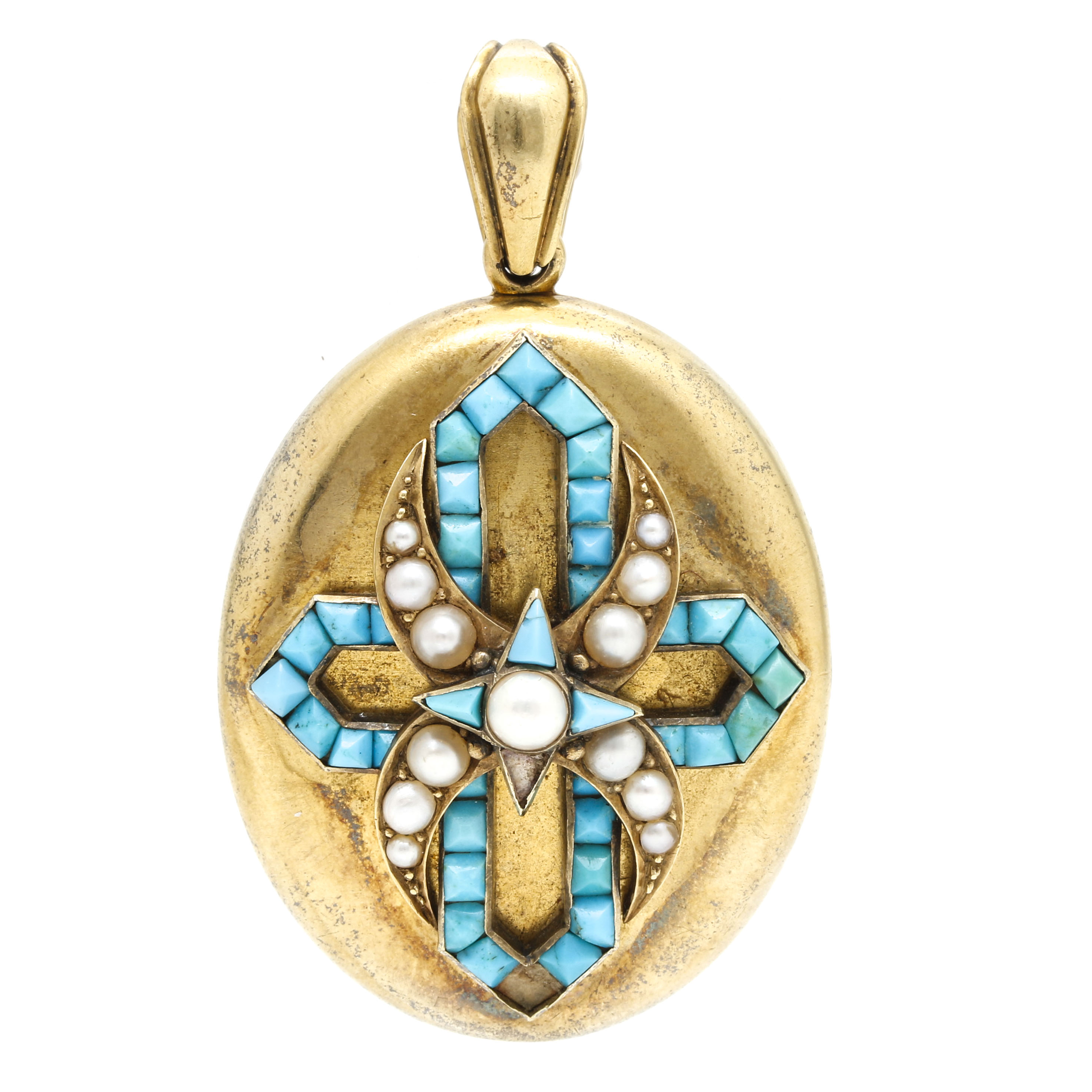 1872 Victorian 14K Yellow Gold Turquoise and Cultured Pearl Locket