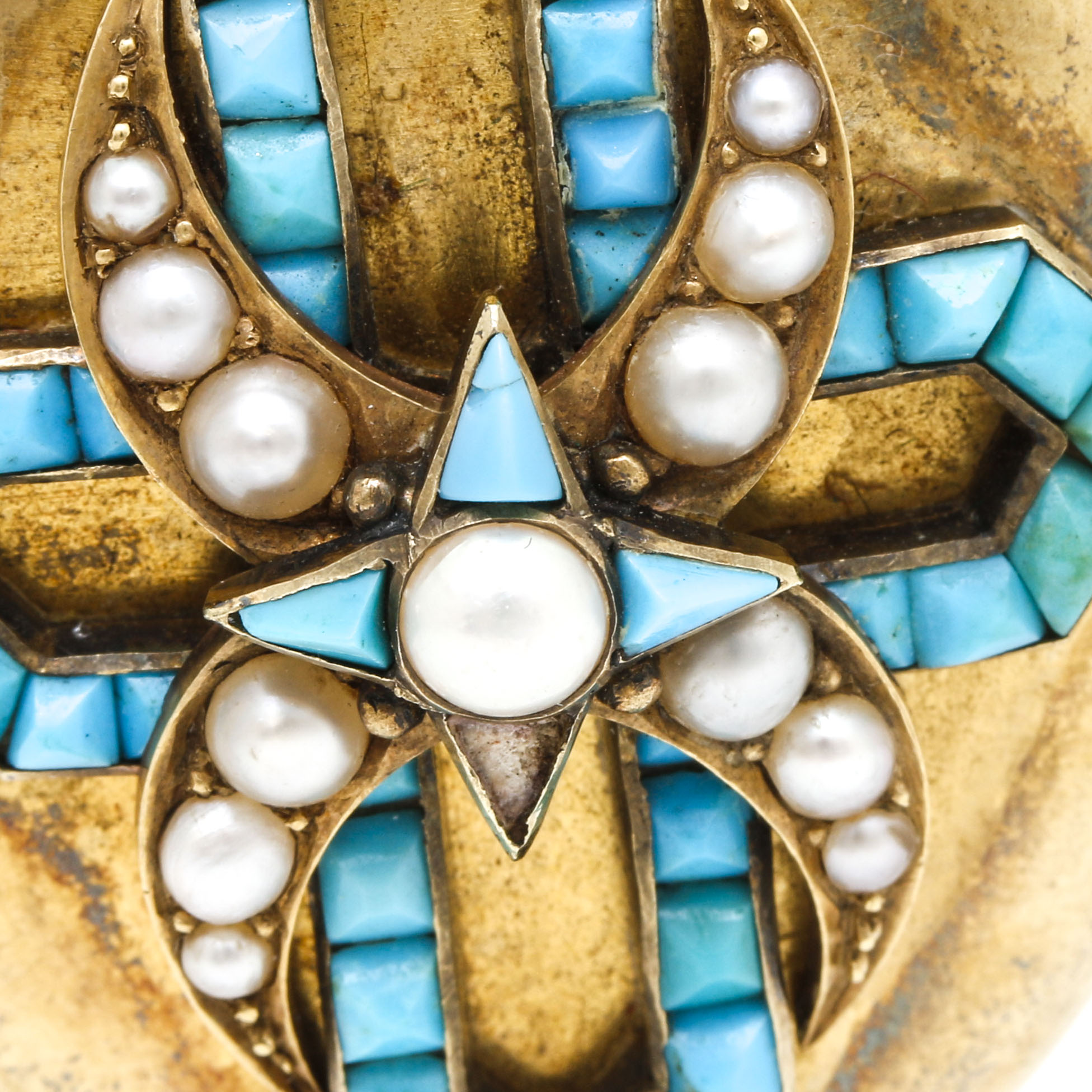 1872 Victorian 14K Yellow Gold Turquoise and Cultured Pearl Locket