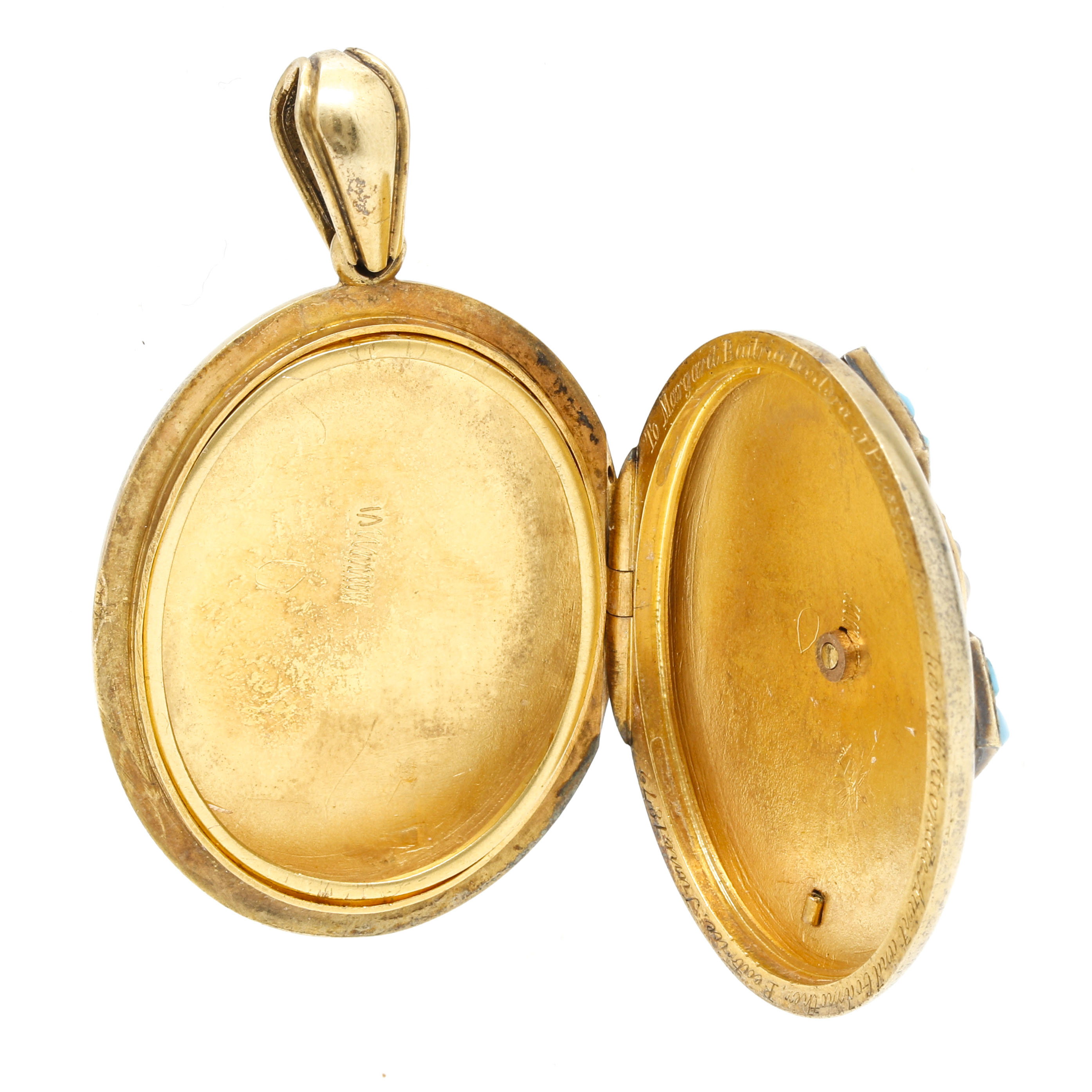 1872 Victorian 14K Yellow Gold Turquoise and Cultured Pearl Locket