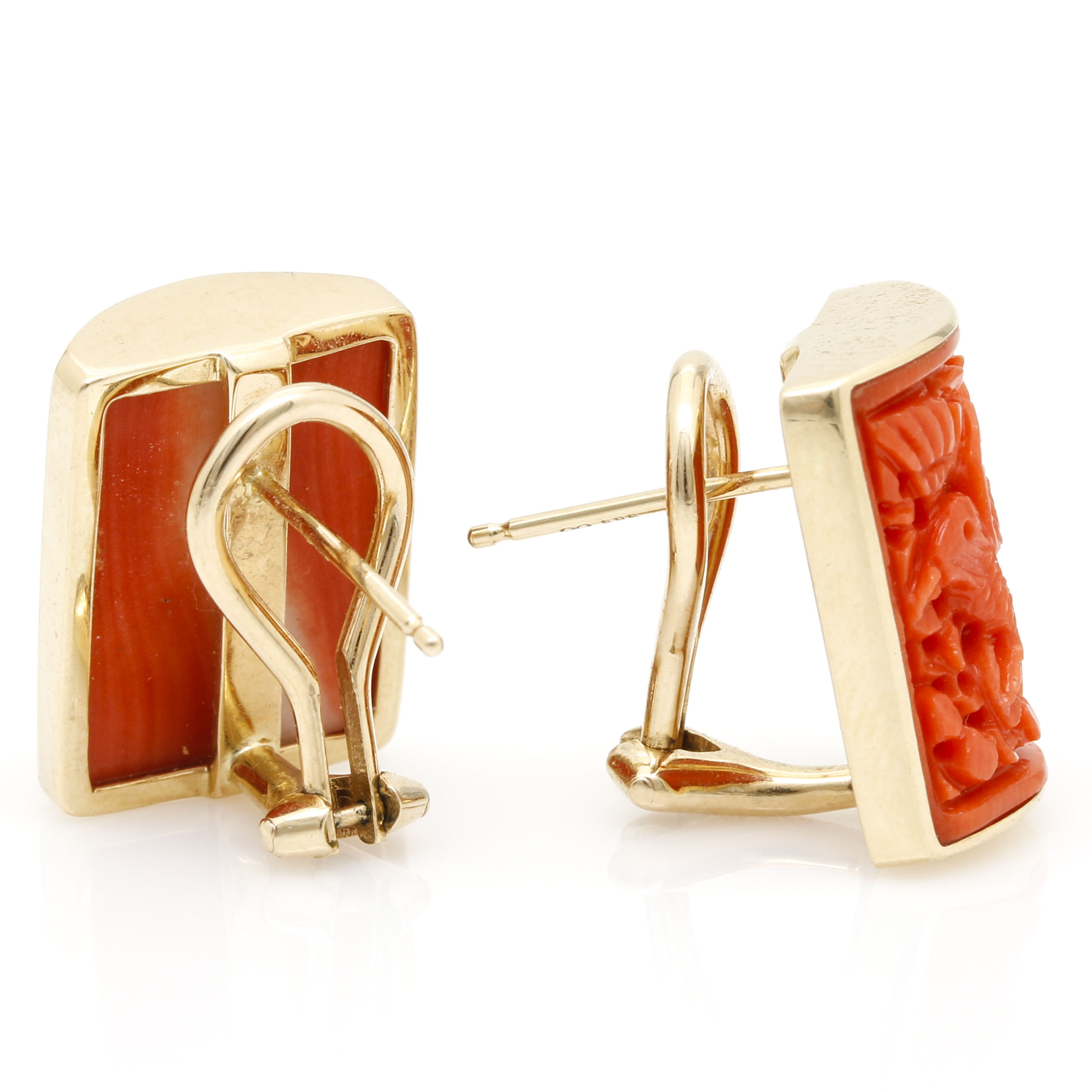 14K Yellow Gold Carved Coral Earrings