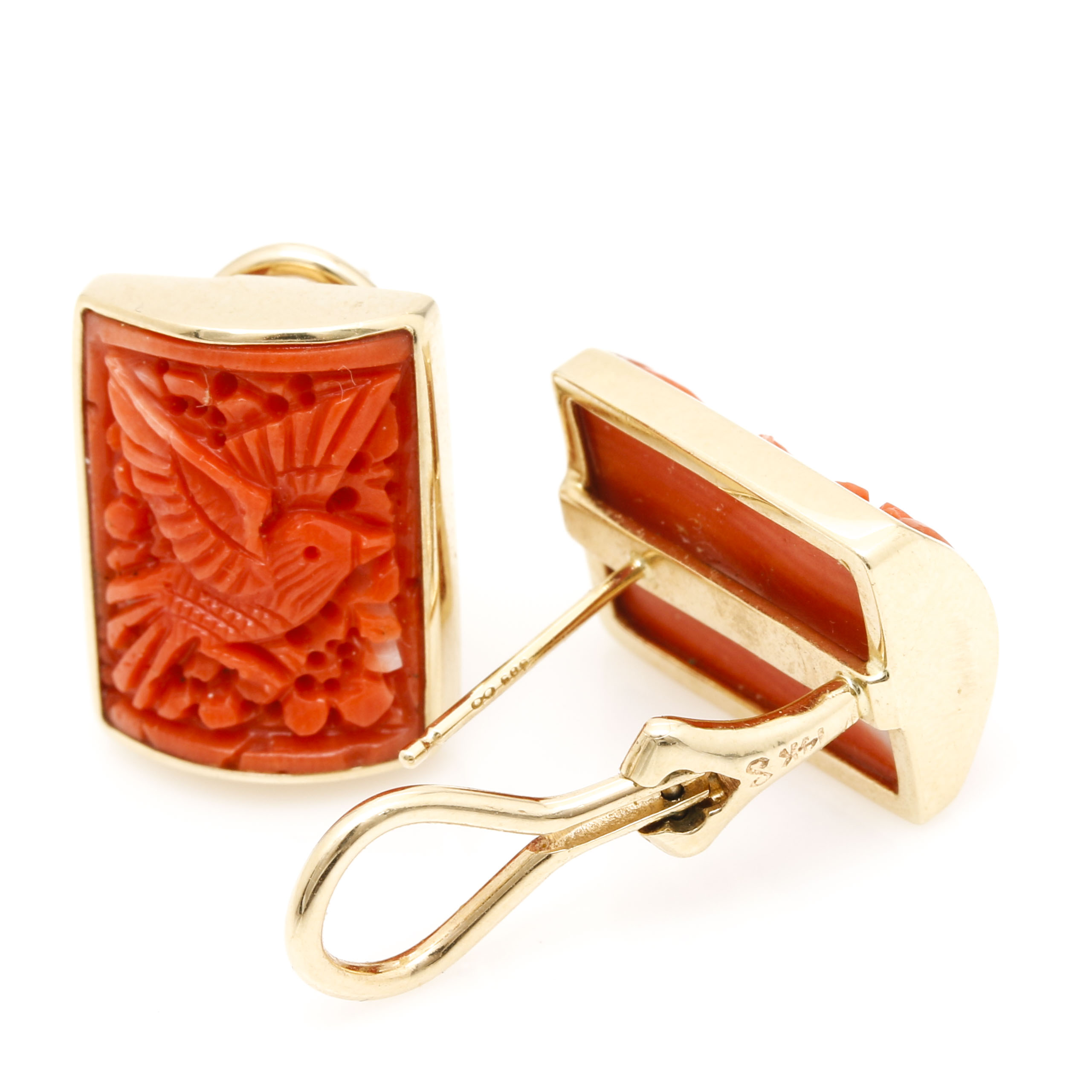 14K Yellow Gold Carved Coral Earrings